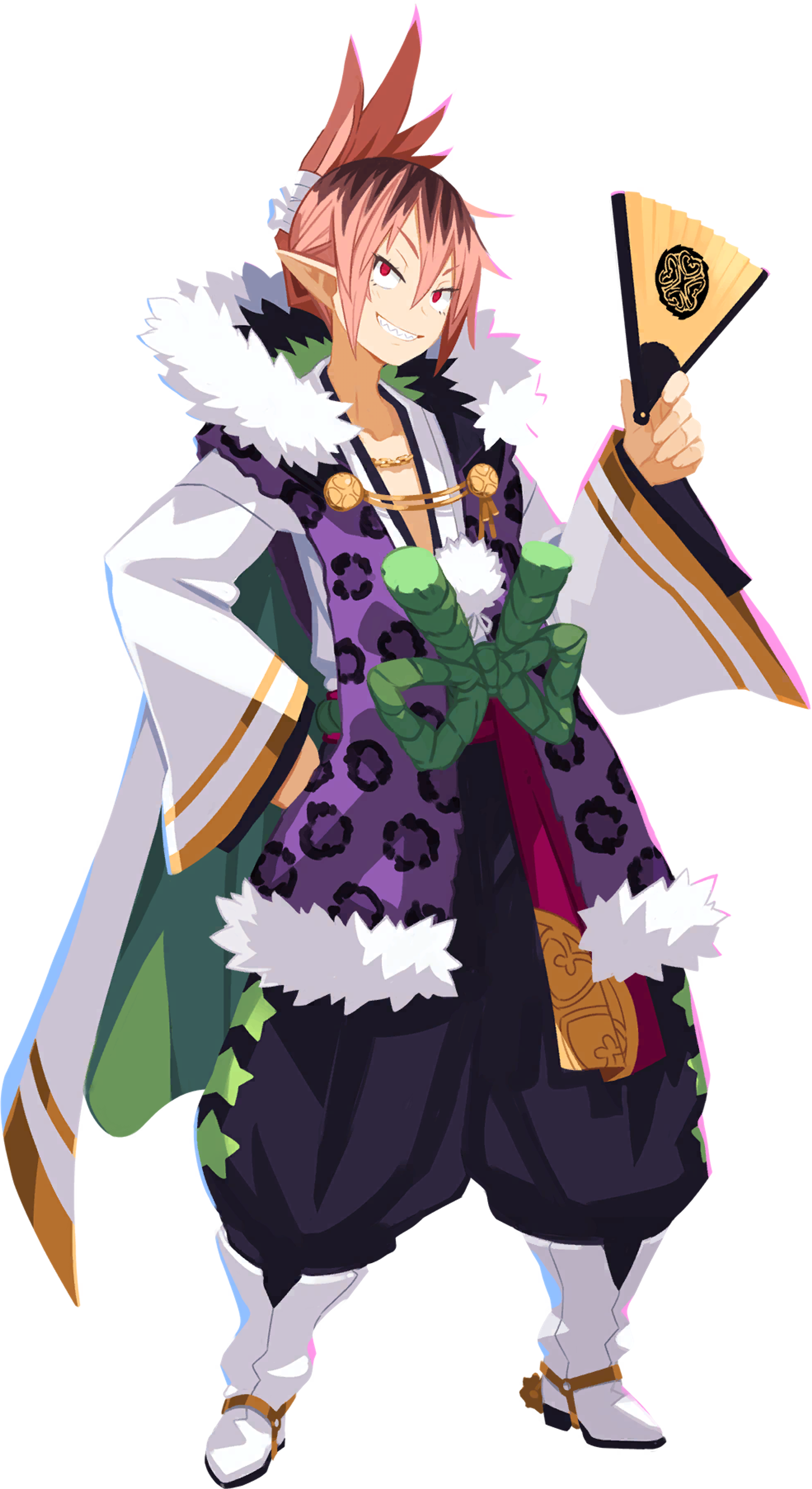 A colorful anime-style character in an ostentatious outfit holding a flag or banner