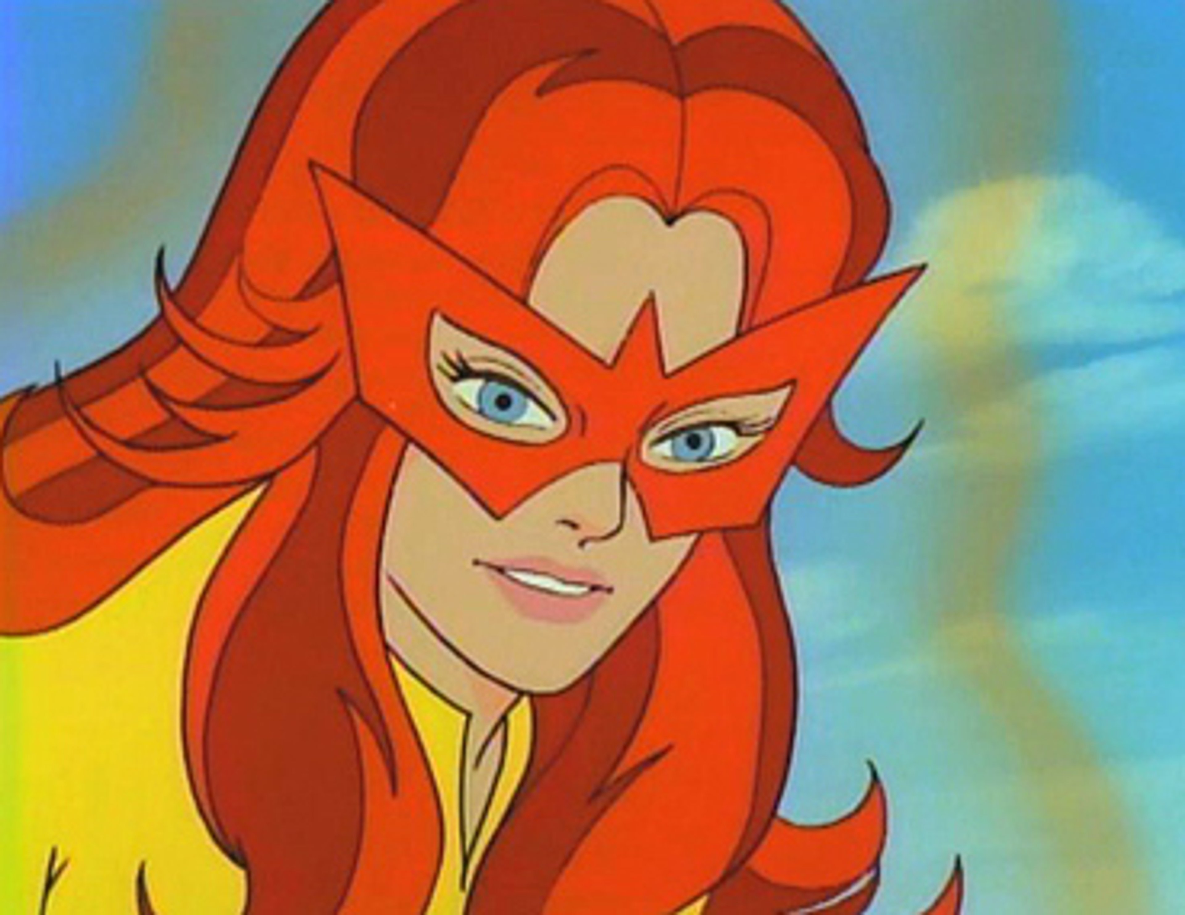 A young woman with fiery red hair and glowing orange skin wearing a red and yellow superhero costume