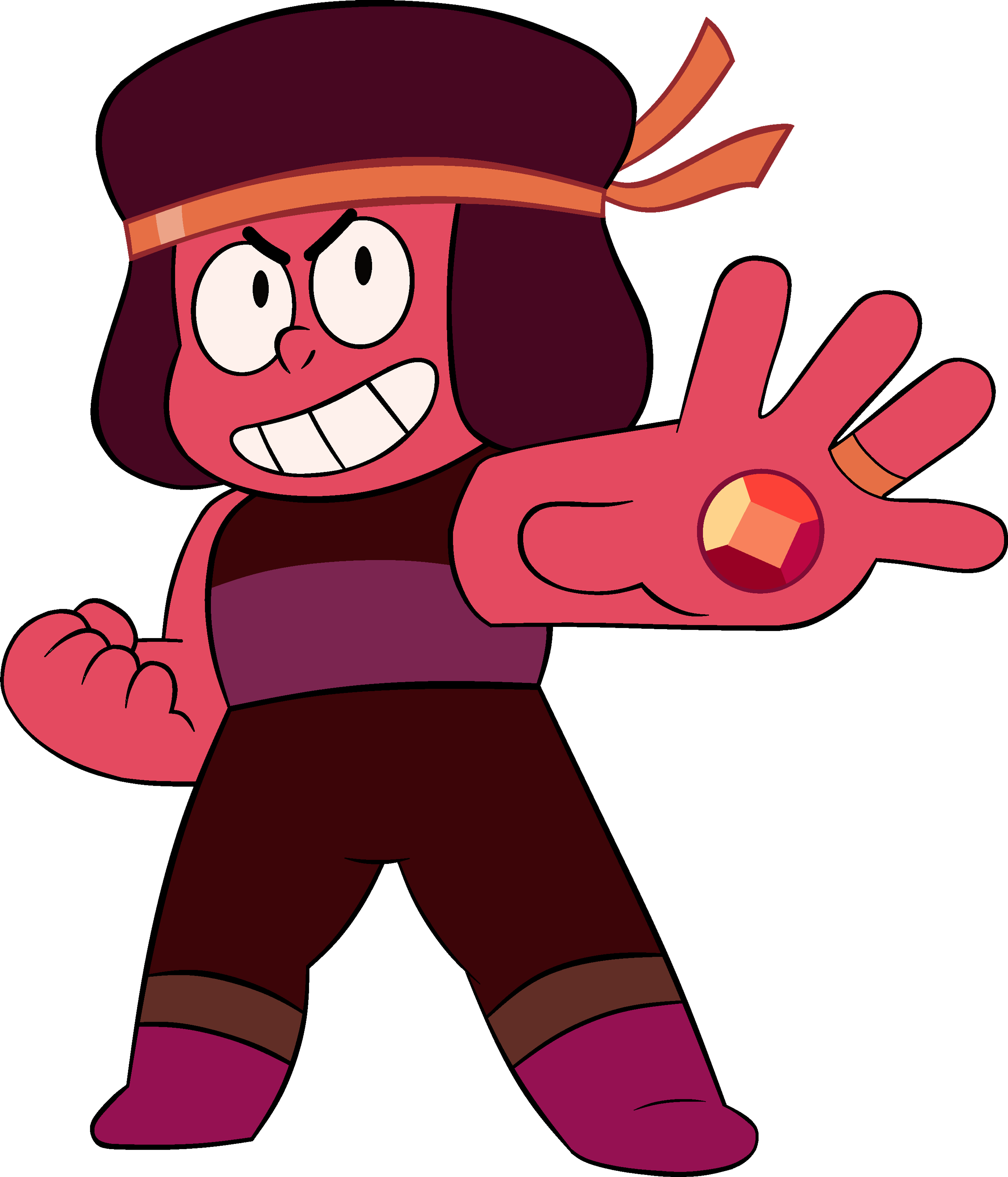 A pink humanoid character with a large head and toothy grin, making a hand gesture.