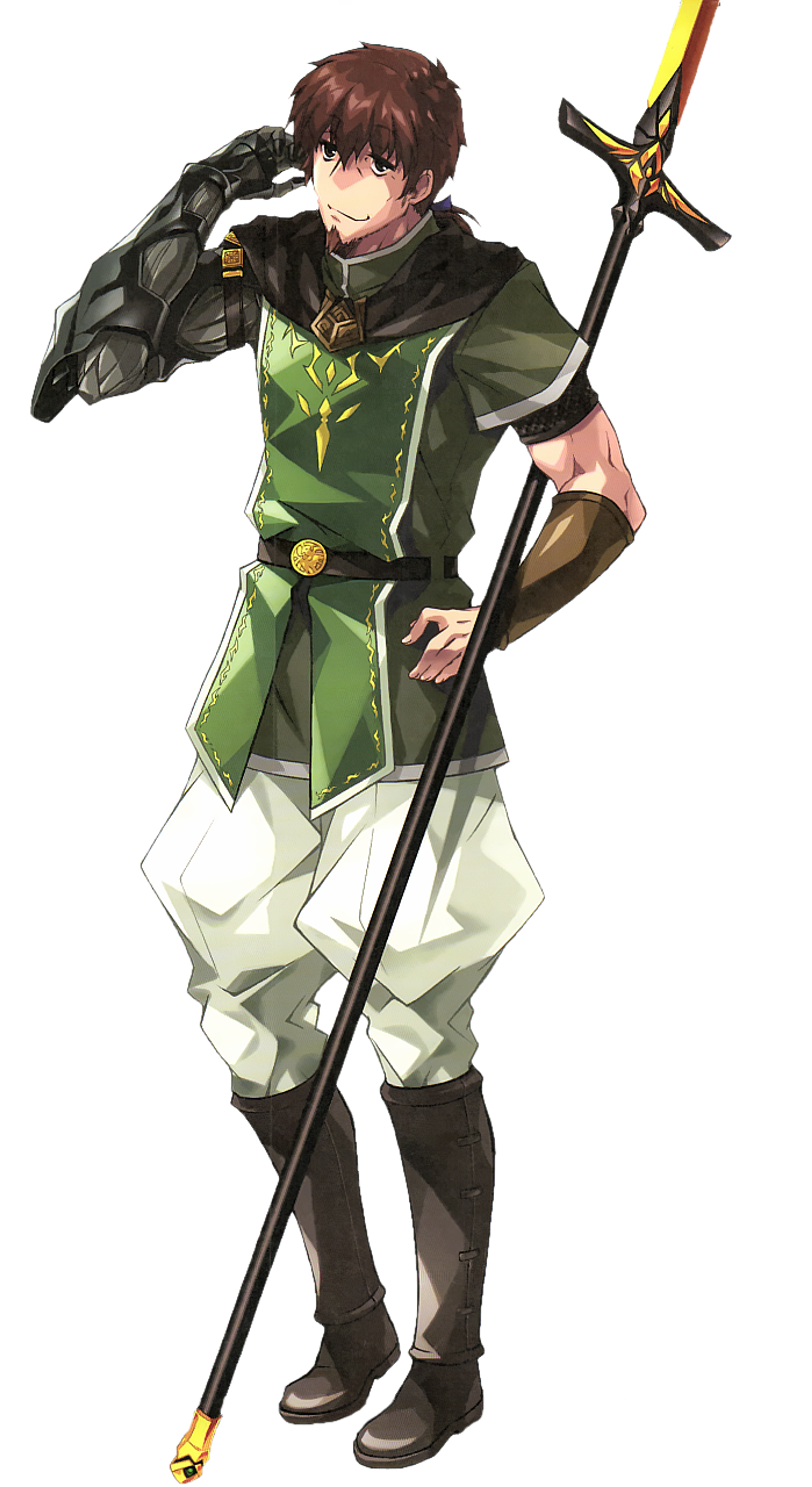 A young male warrior character in a green and white outfit holding a sword