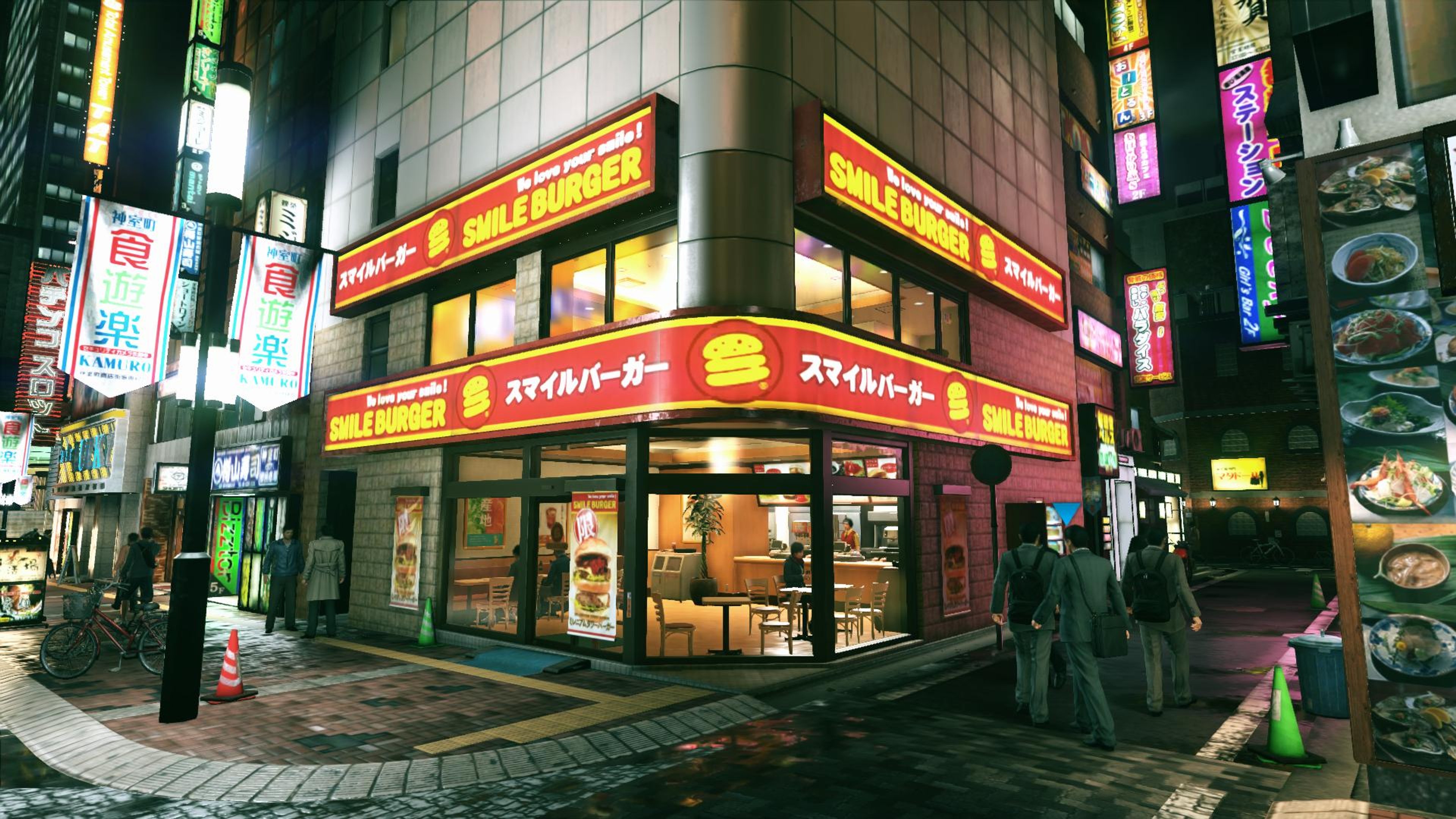 Exterior of a Smile Burger fast food restaurant in a busy urban setting
