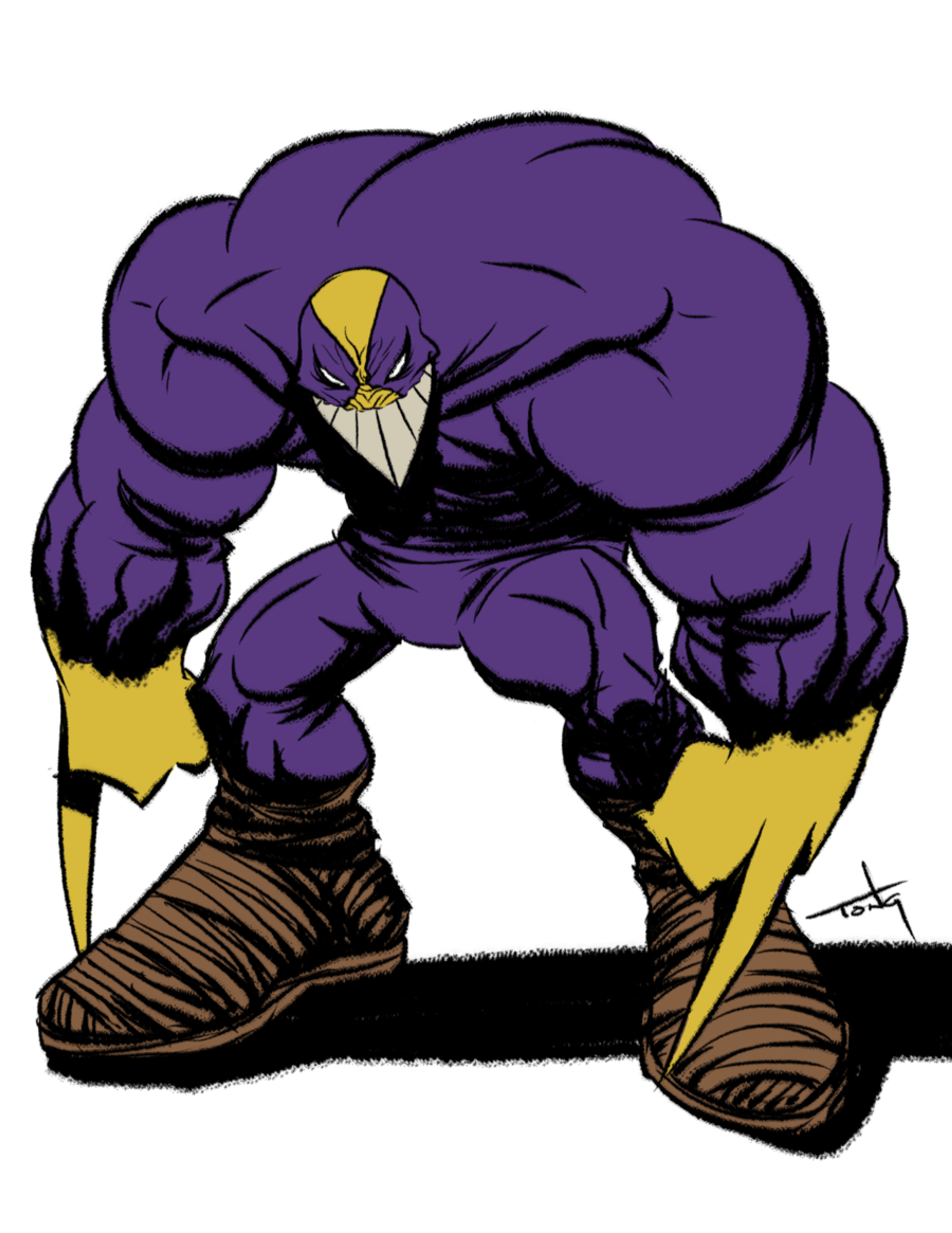 A muscular, purple-costumed superhero character with a distinctive mask