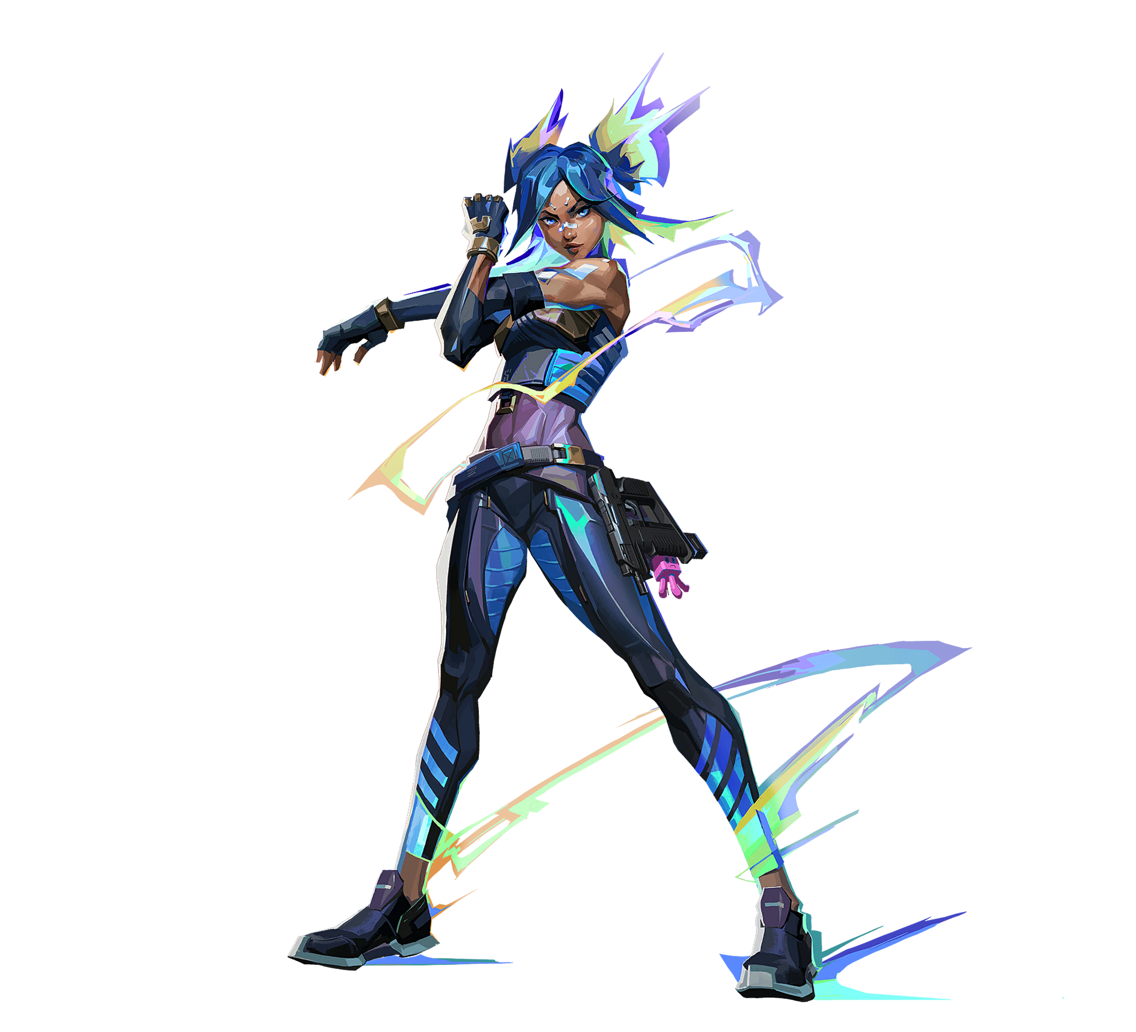 A young woman with blue and pink hair in a futuristic combat outfit, emitting electrical energy from her hands.