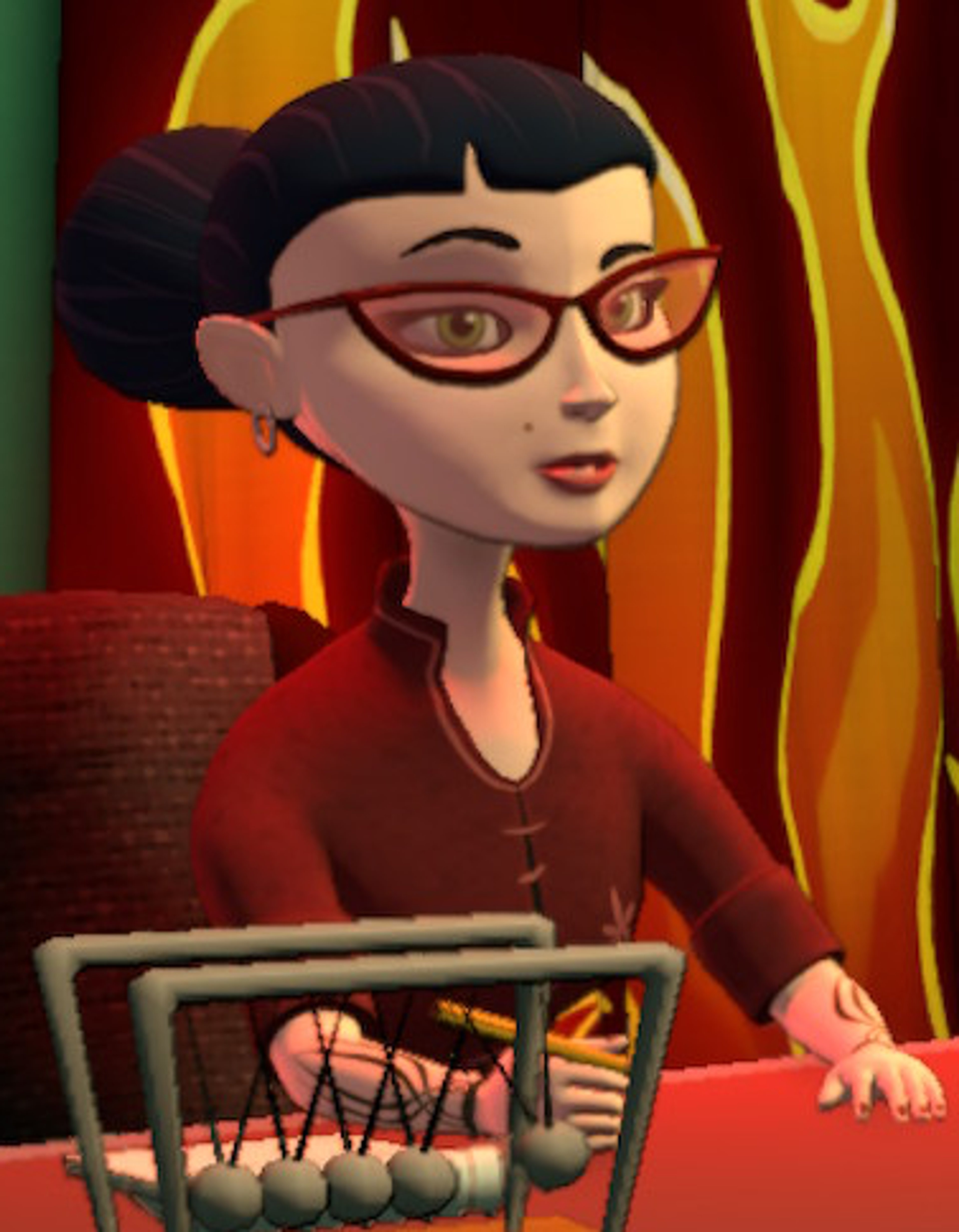 An animated female character with black hair, red glasses, and a red sweater sitting at a desk or table.
