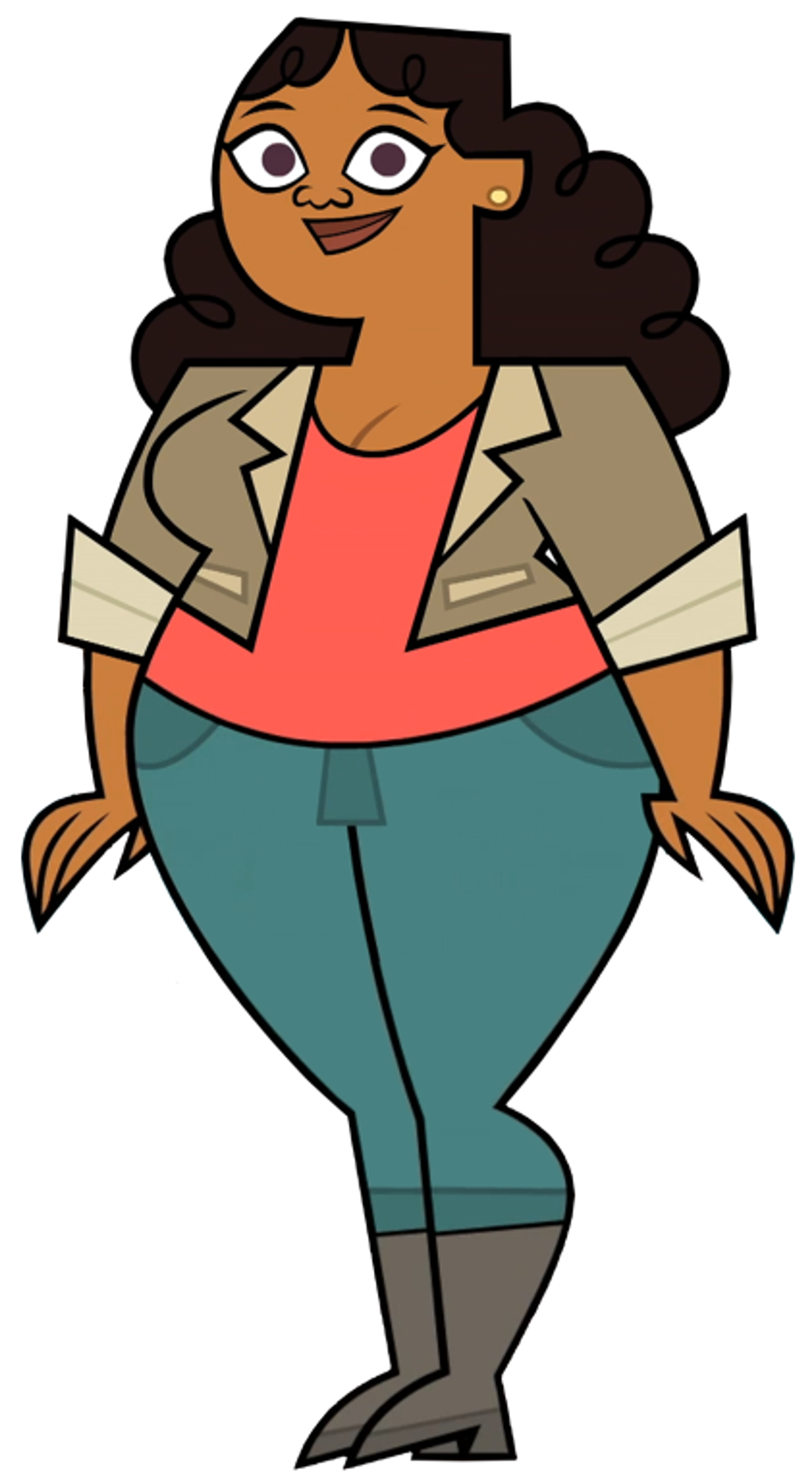 A cartoon character of a young woman with curly dark hair, wearing a beige jacket, red top, and blue jeans.