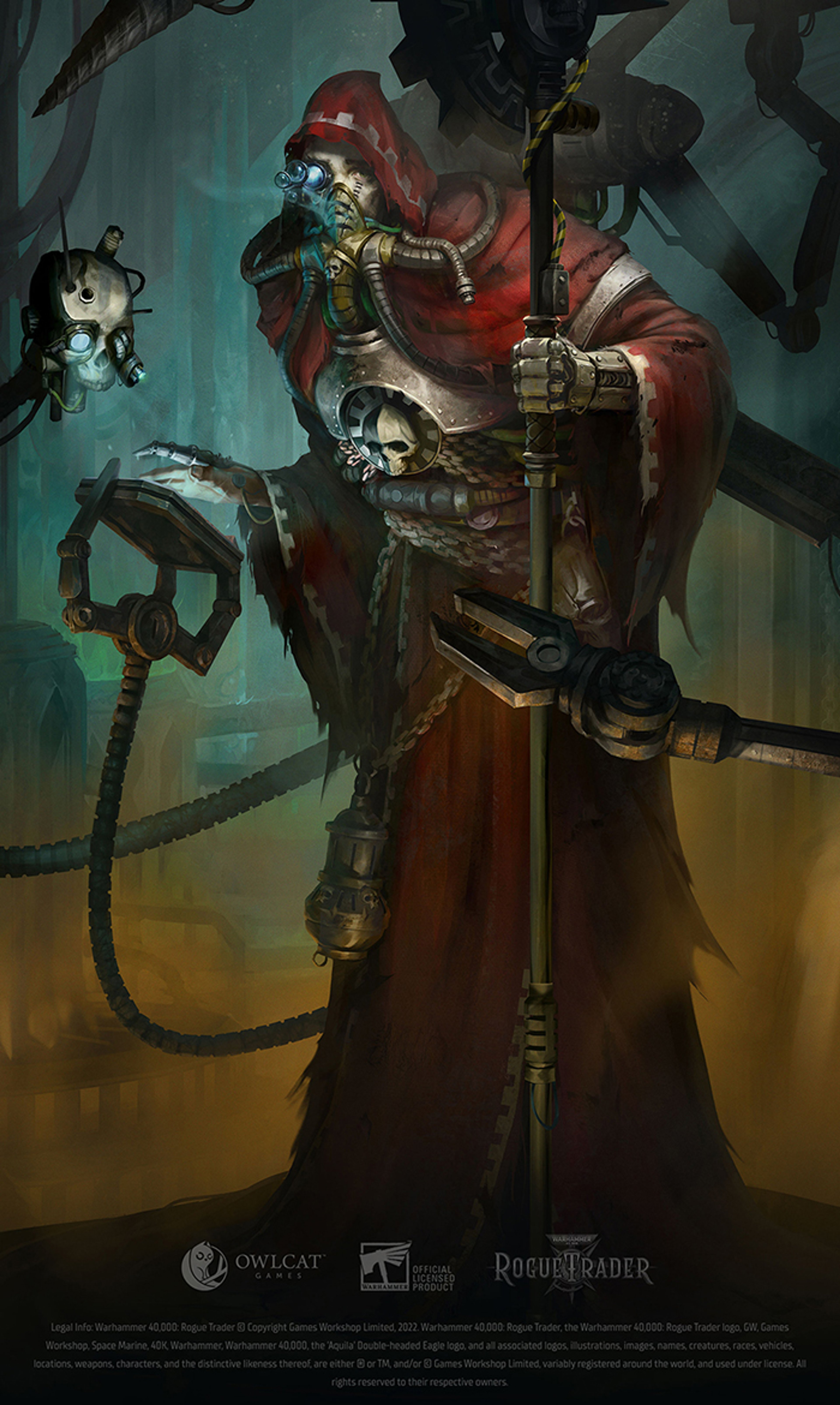 A cybernetically enhanced Magos Explorator of the Adeptus Mechanicus, clad in crimson robes and wielding an Omnissian Axe.