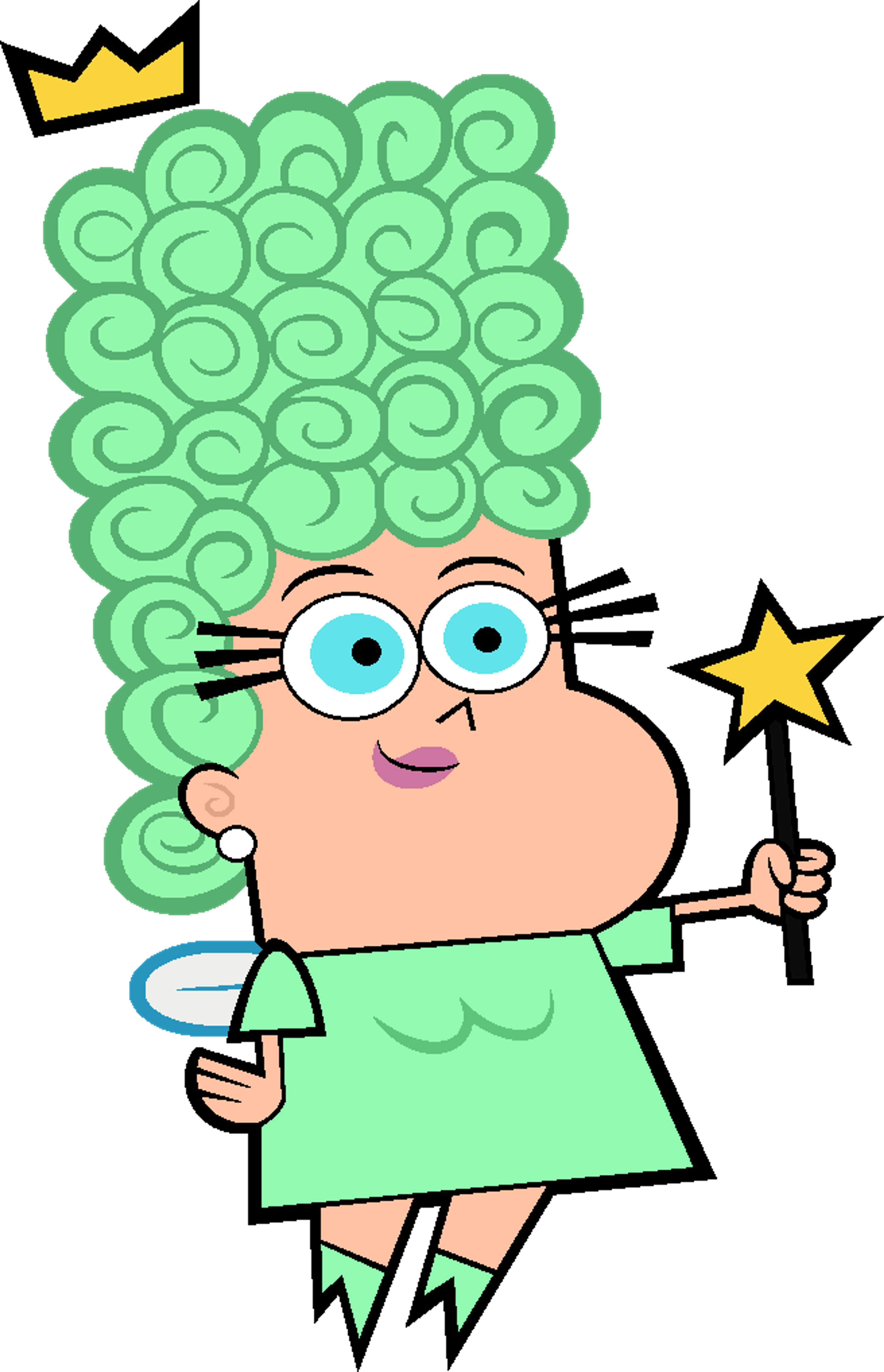 A green, curly-haired fairy-like character with a crown