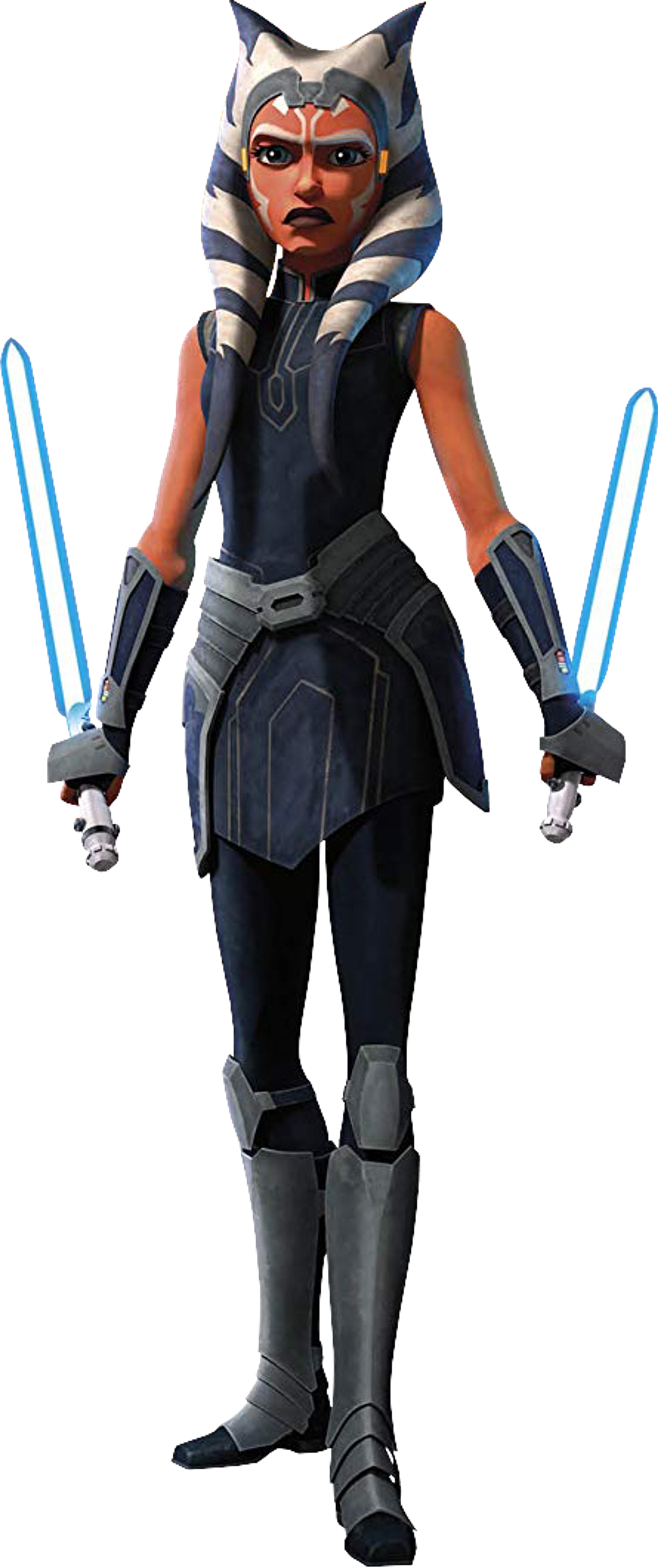 A young Togruta female Jedi Padawan wielding two blue lightsabers