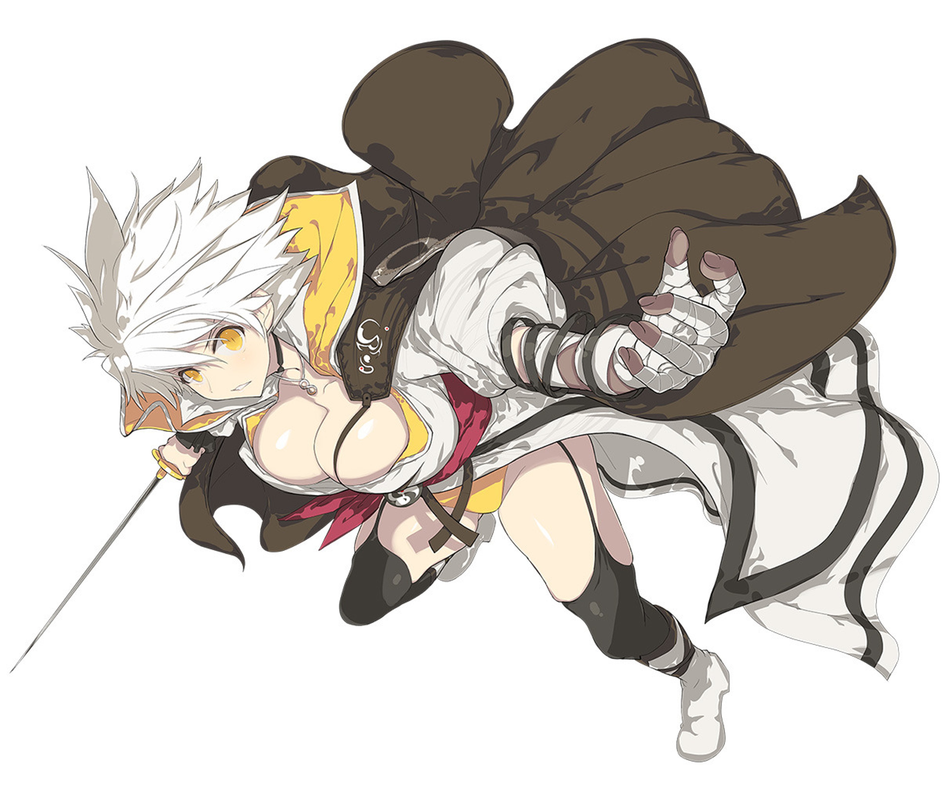 An anime-style female ninja character with short white hair and intense yellow eyes, wielding a katana and seven-branched sword.