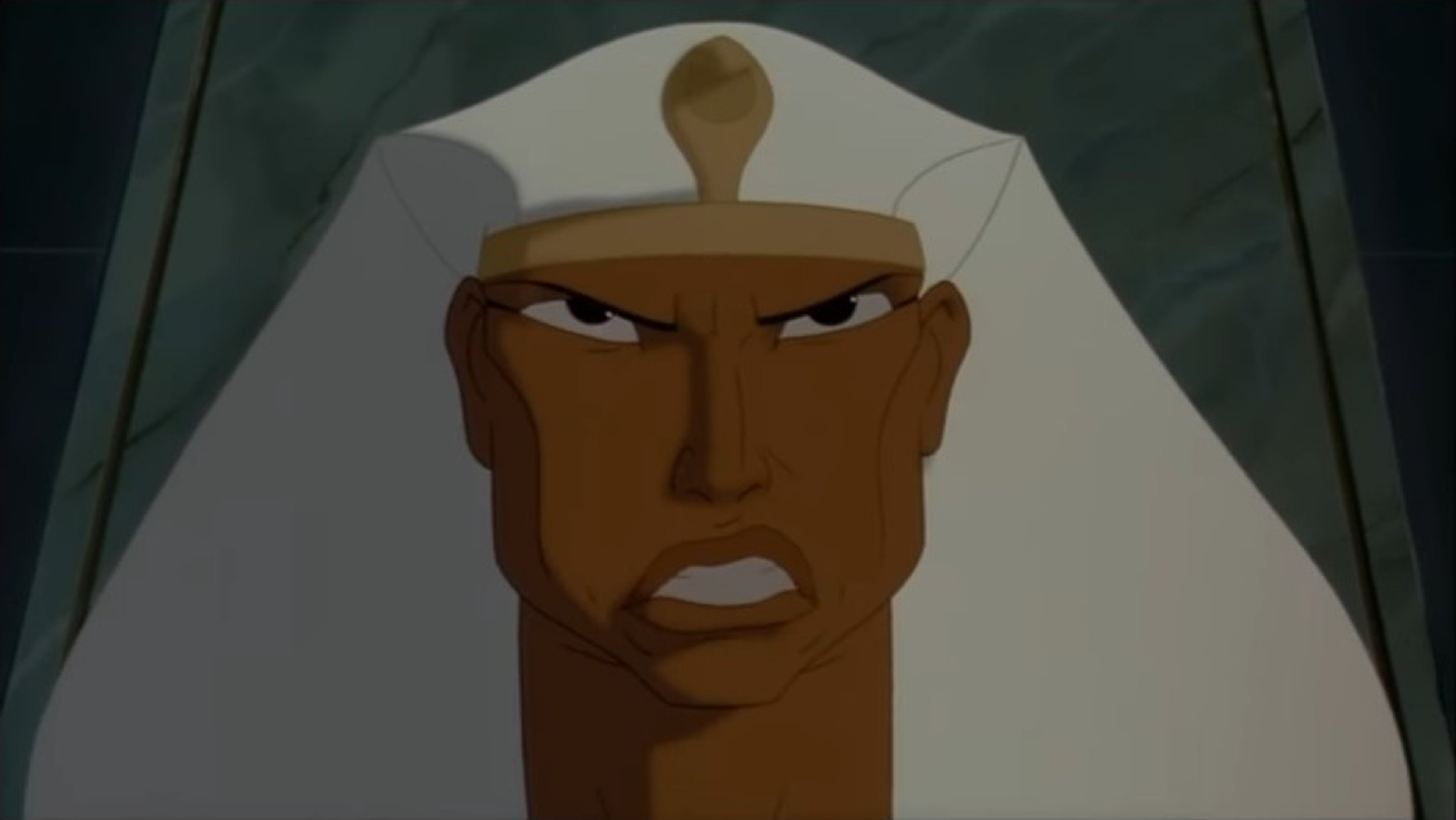 A powerful, imposing Egyptian pharaoh figure with a stern expression
