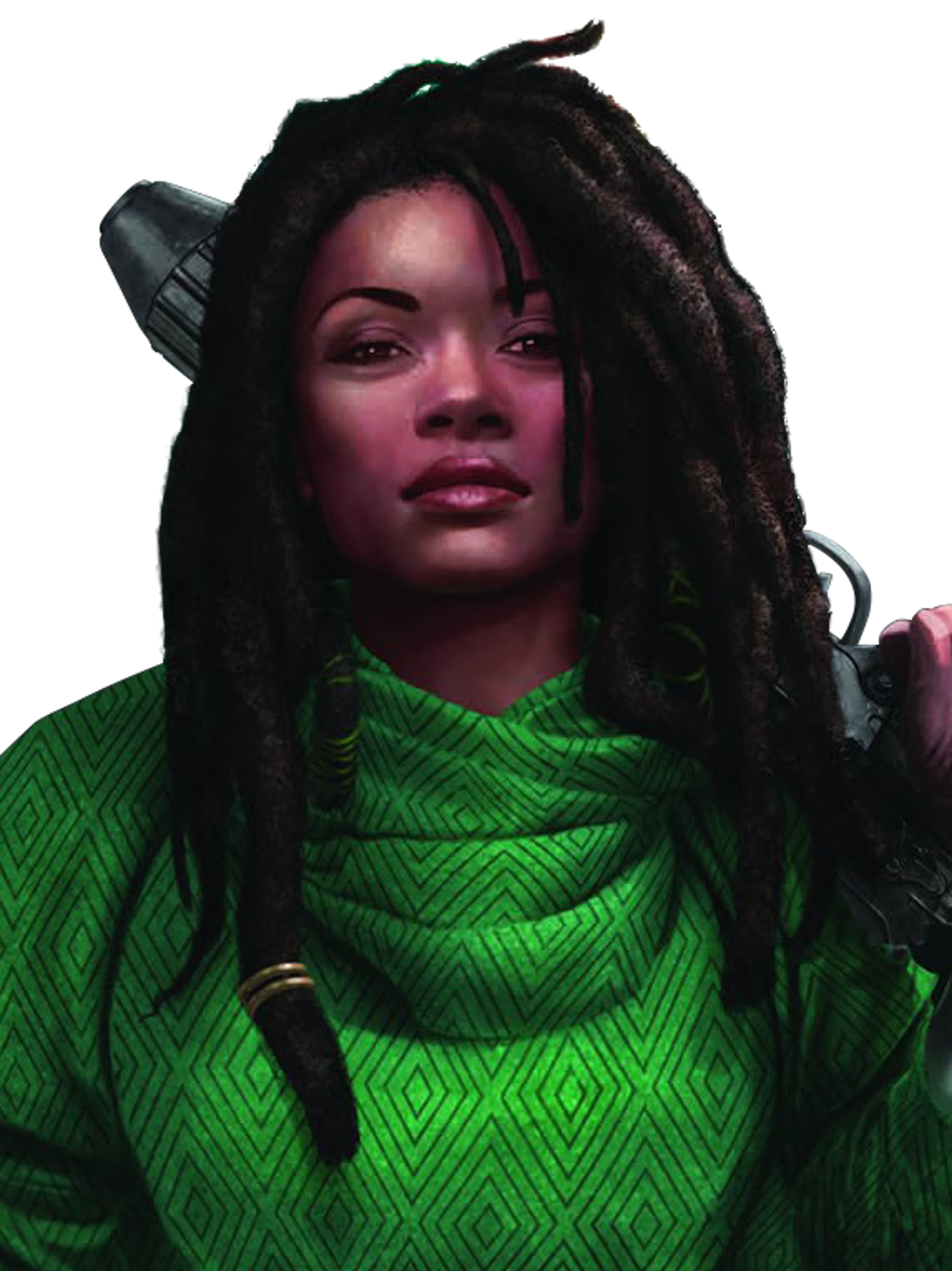 A woman with dreadlocks wearing a green and black outfit