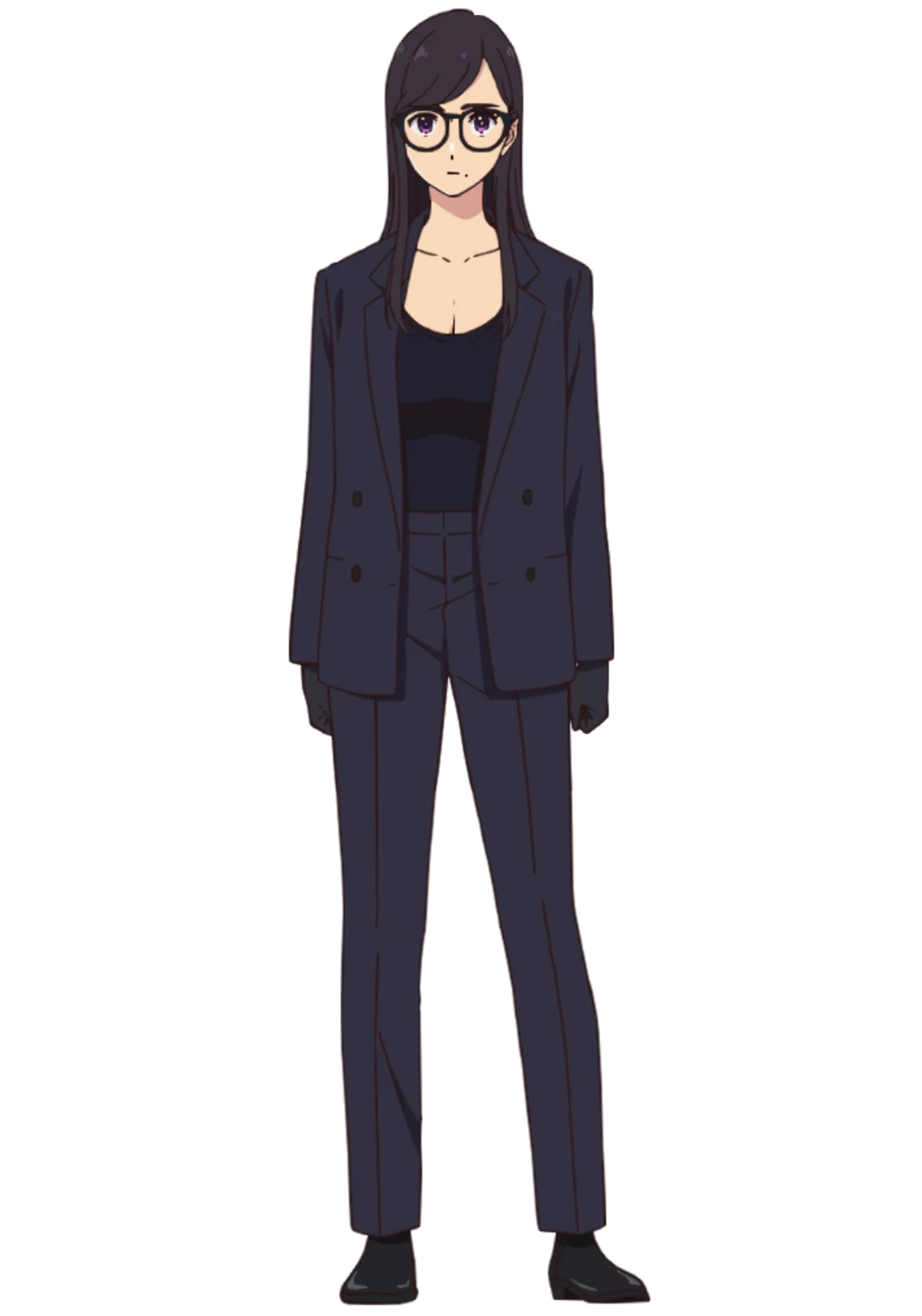 A serious-looking woman with dark hair and glasses, wearing a black suit.