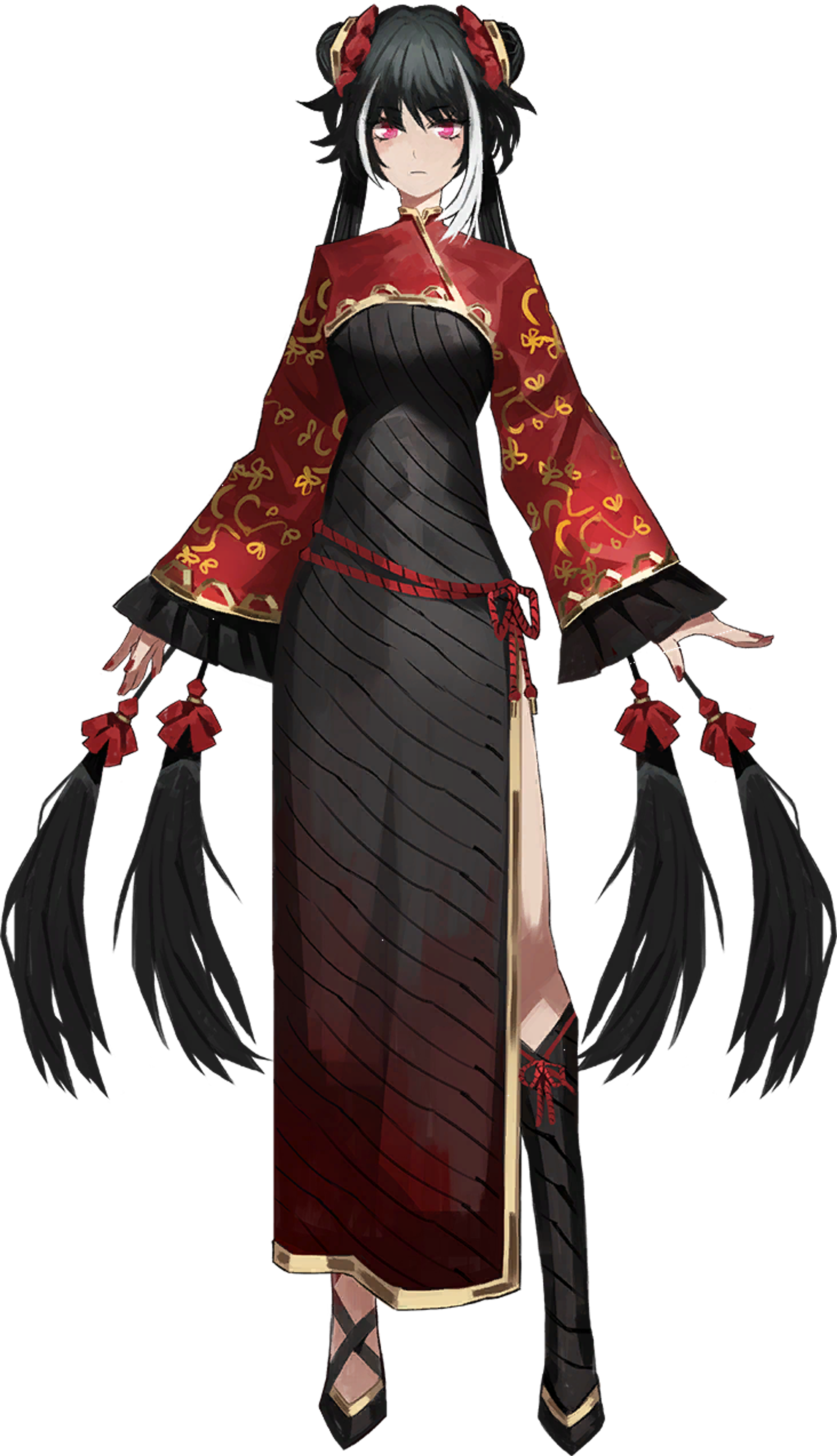 A young woman in an elaborate red and black kimono-style outfit, standing in a dramatic pose.