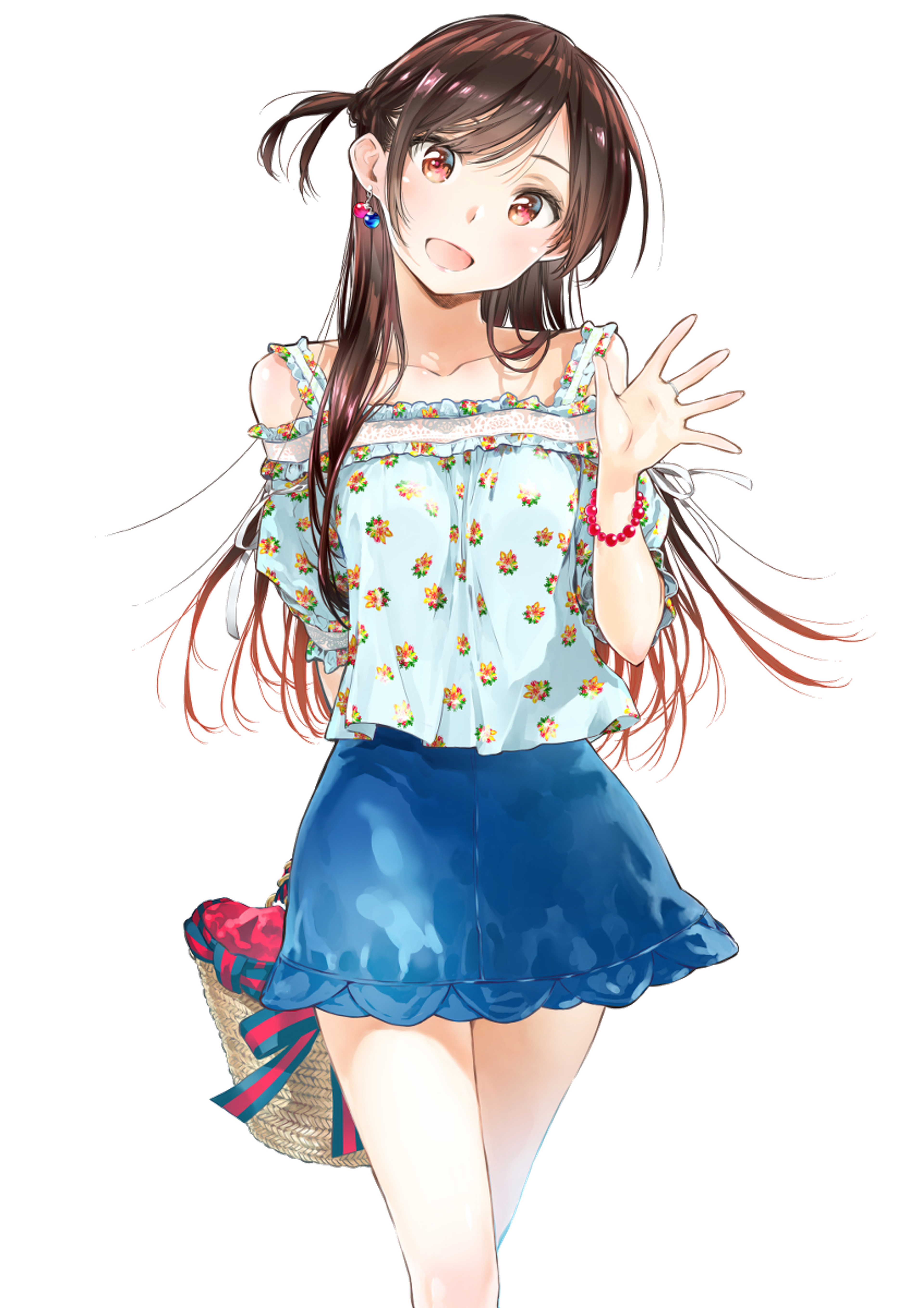 An anime-style character with brown hair in pigtails, wearing a blue skirt and white floral top, with a cheerful expression.