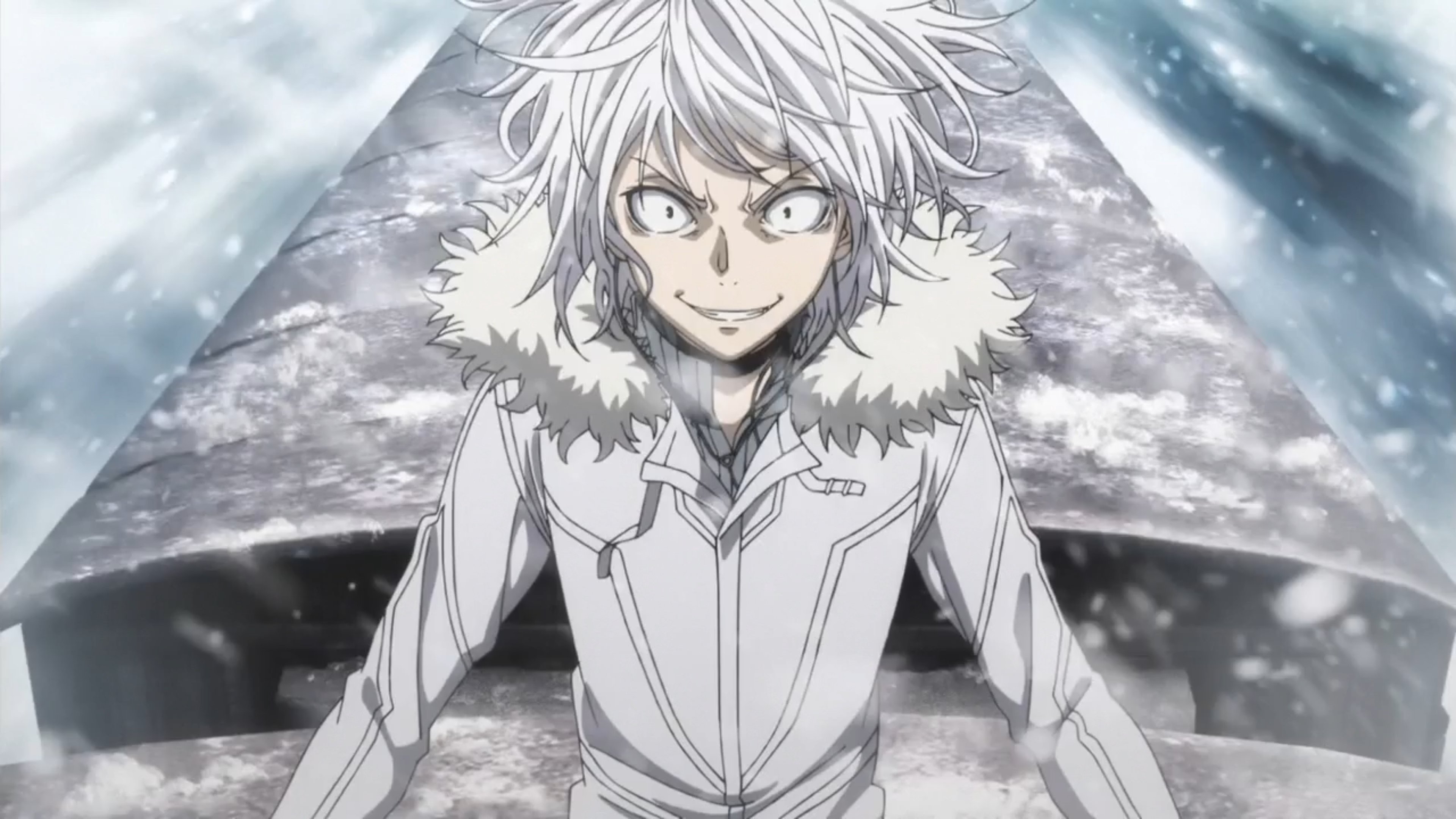 A young male character with reddish-white hair and red eyes, wearing a white outfit with fur trim, in a snowy, mountainous environment.