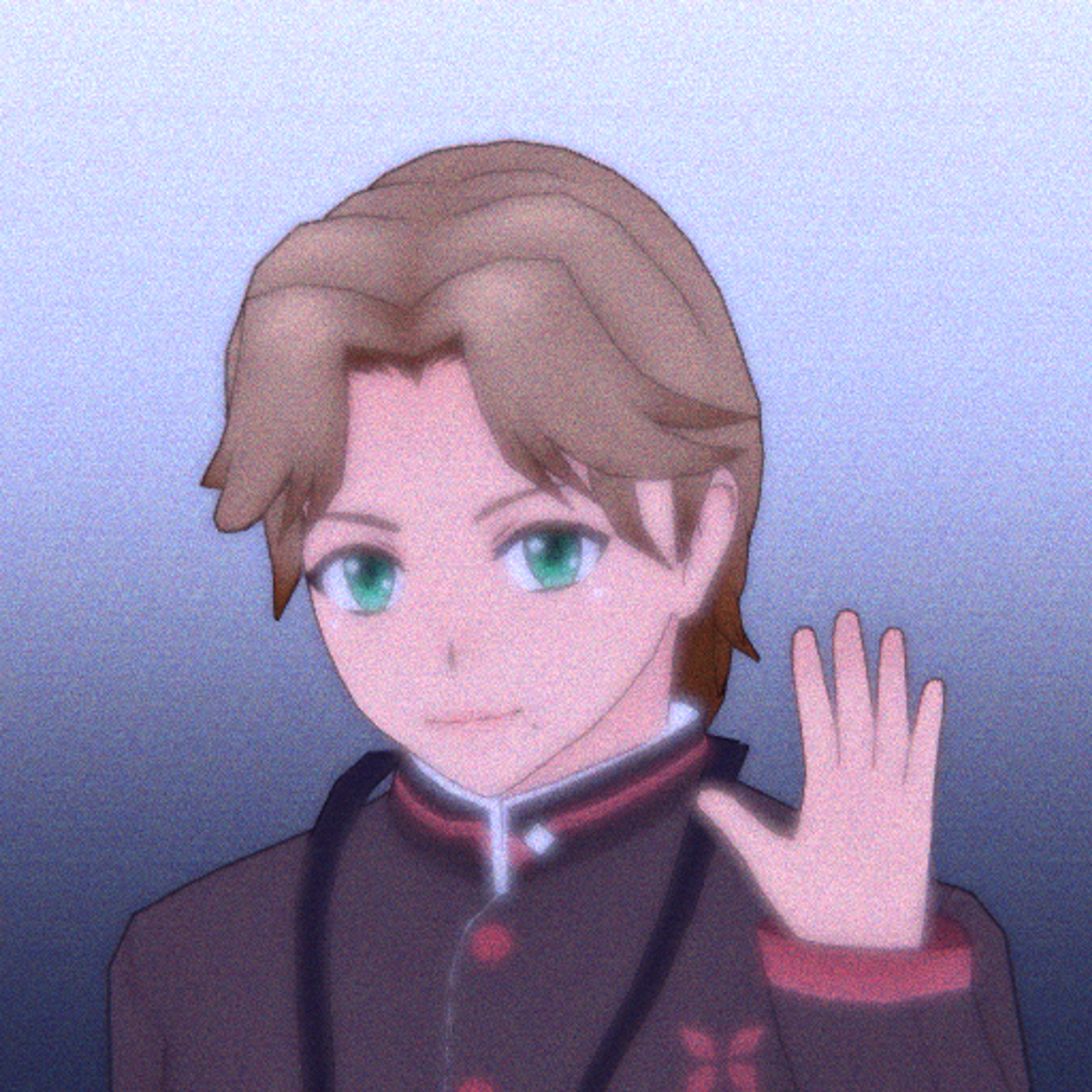 An anime-style character with blond hair and green eyes holding a polaroid camera