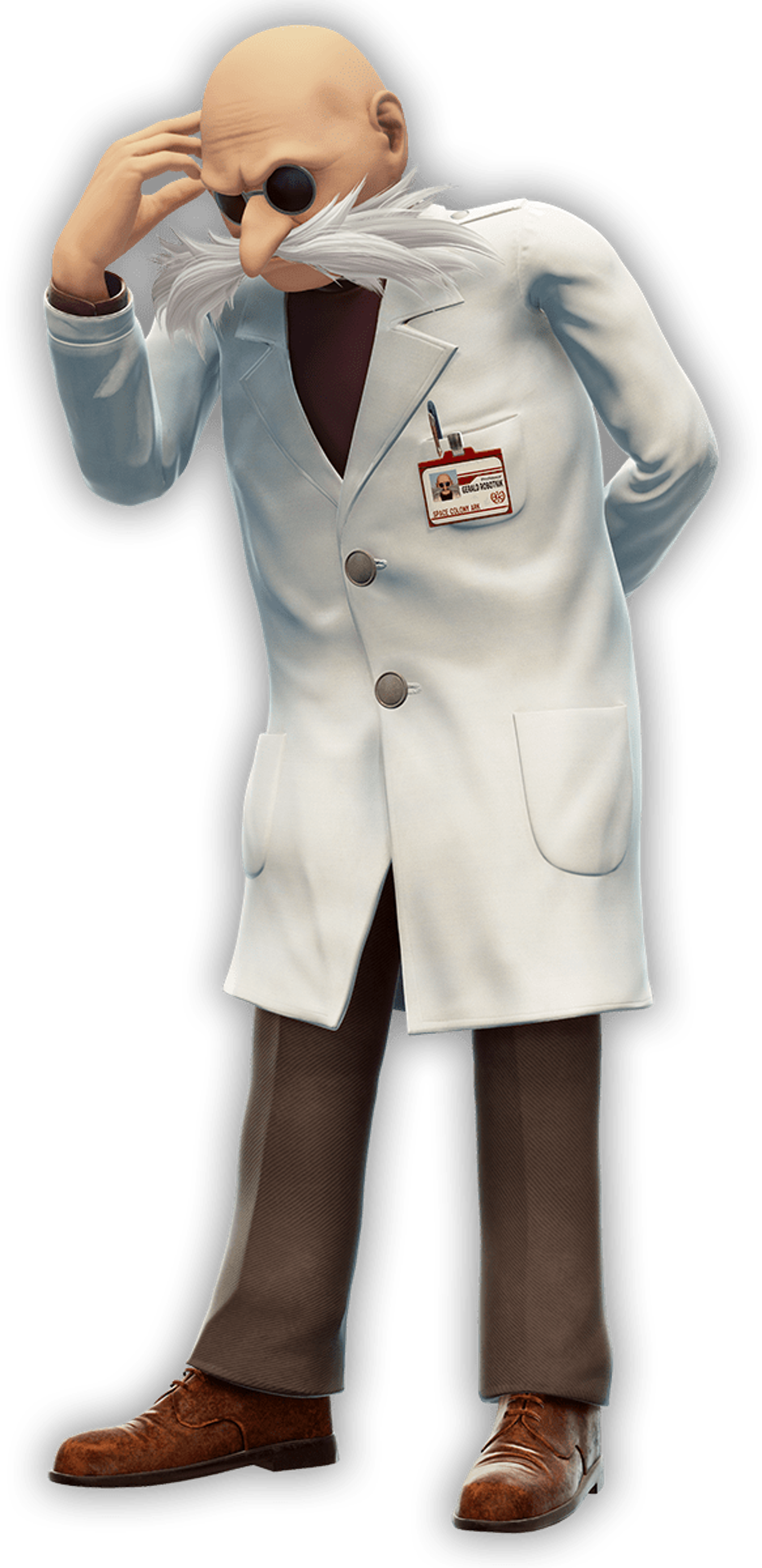 An elderly man in a white lab coat with a name tag that says 'Professor Gerald'