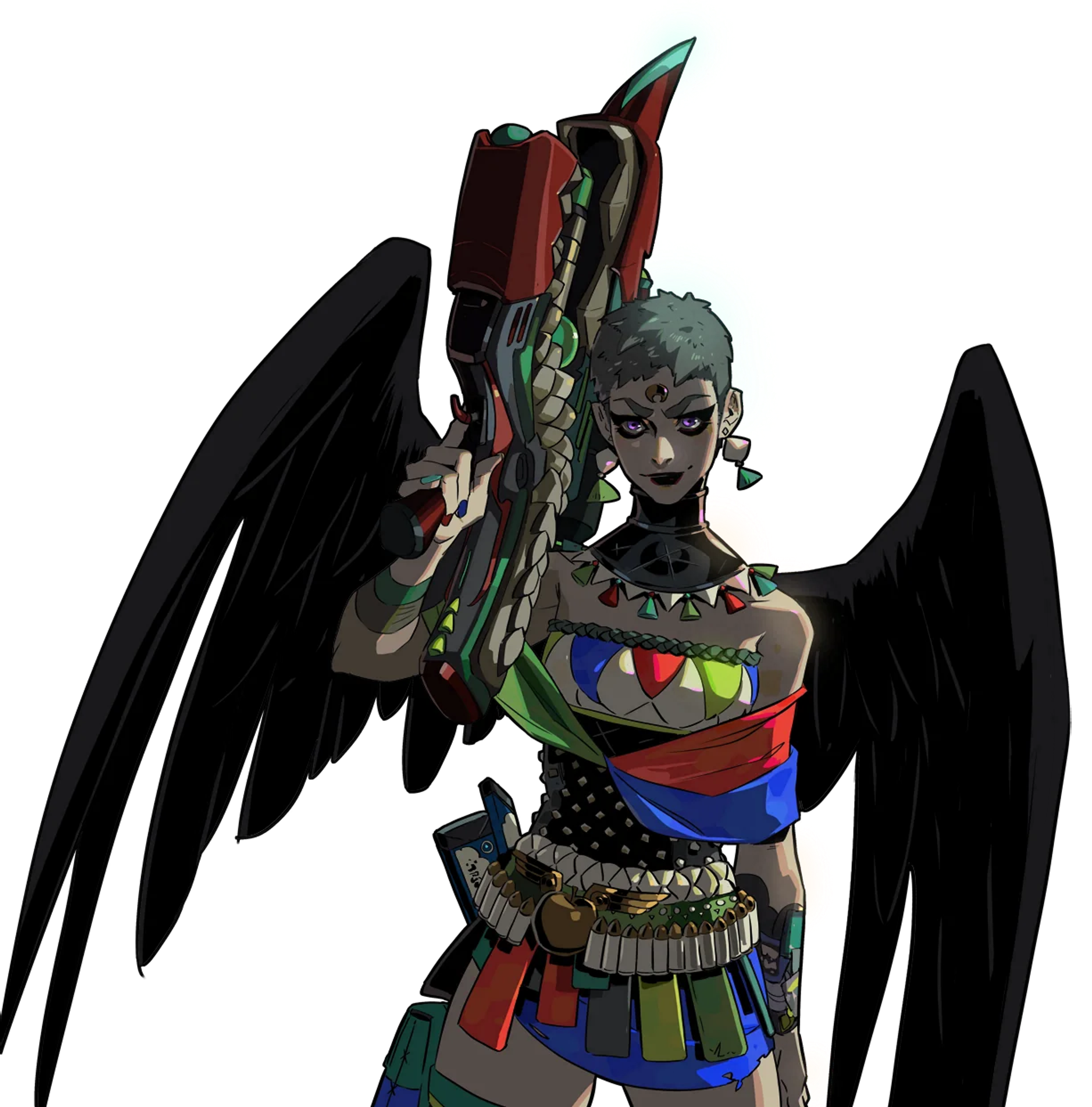 A female character with dark skin, horns, and large wings, wearing a colorful, ornate outfit with various accessories and weapons.