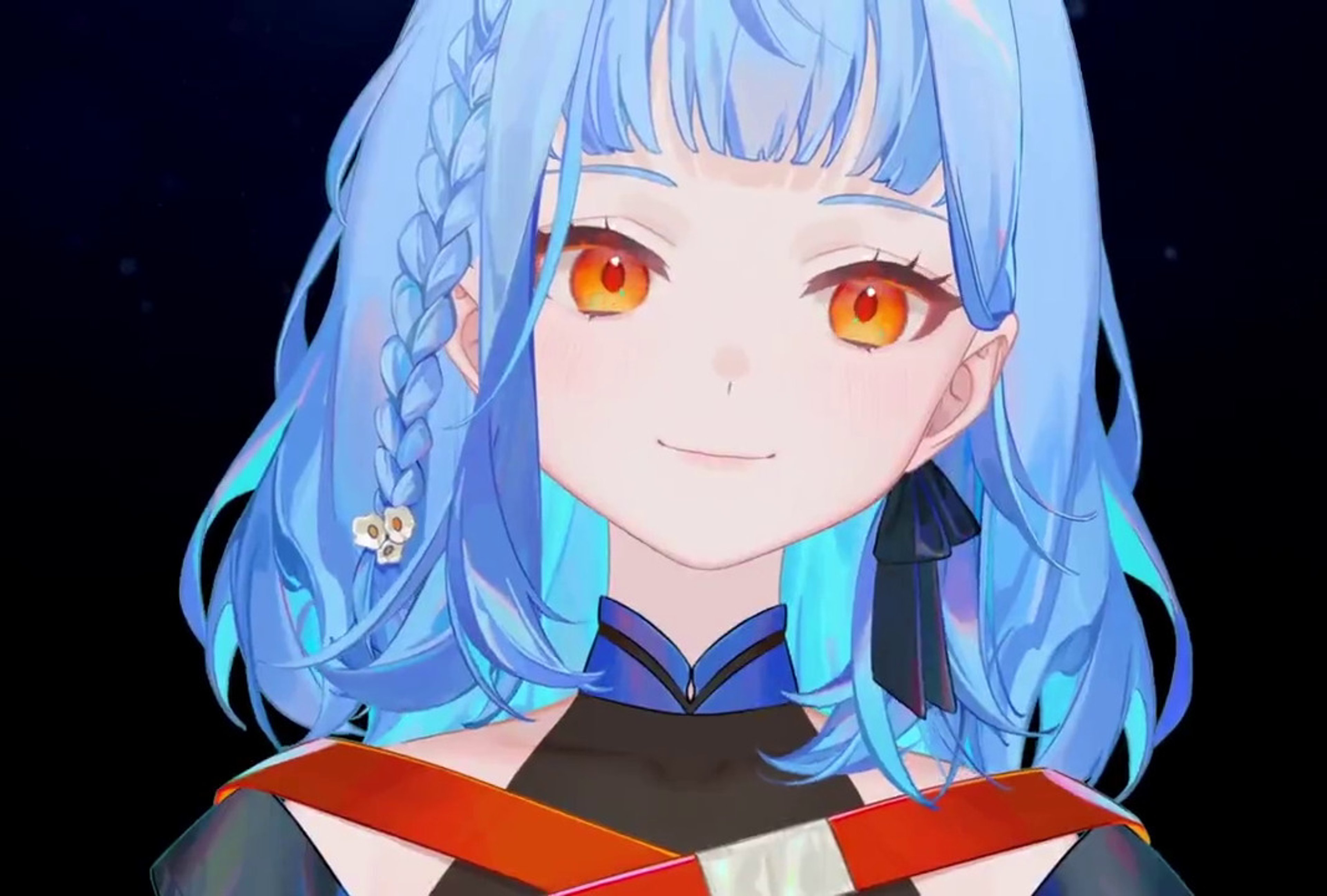 An anime-style character with blue hair, orange eyes, and a green sprout on her head, wearing a royal blue robe and having a friendly expression.