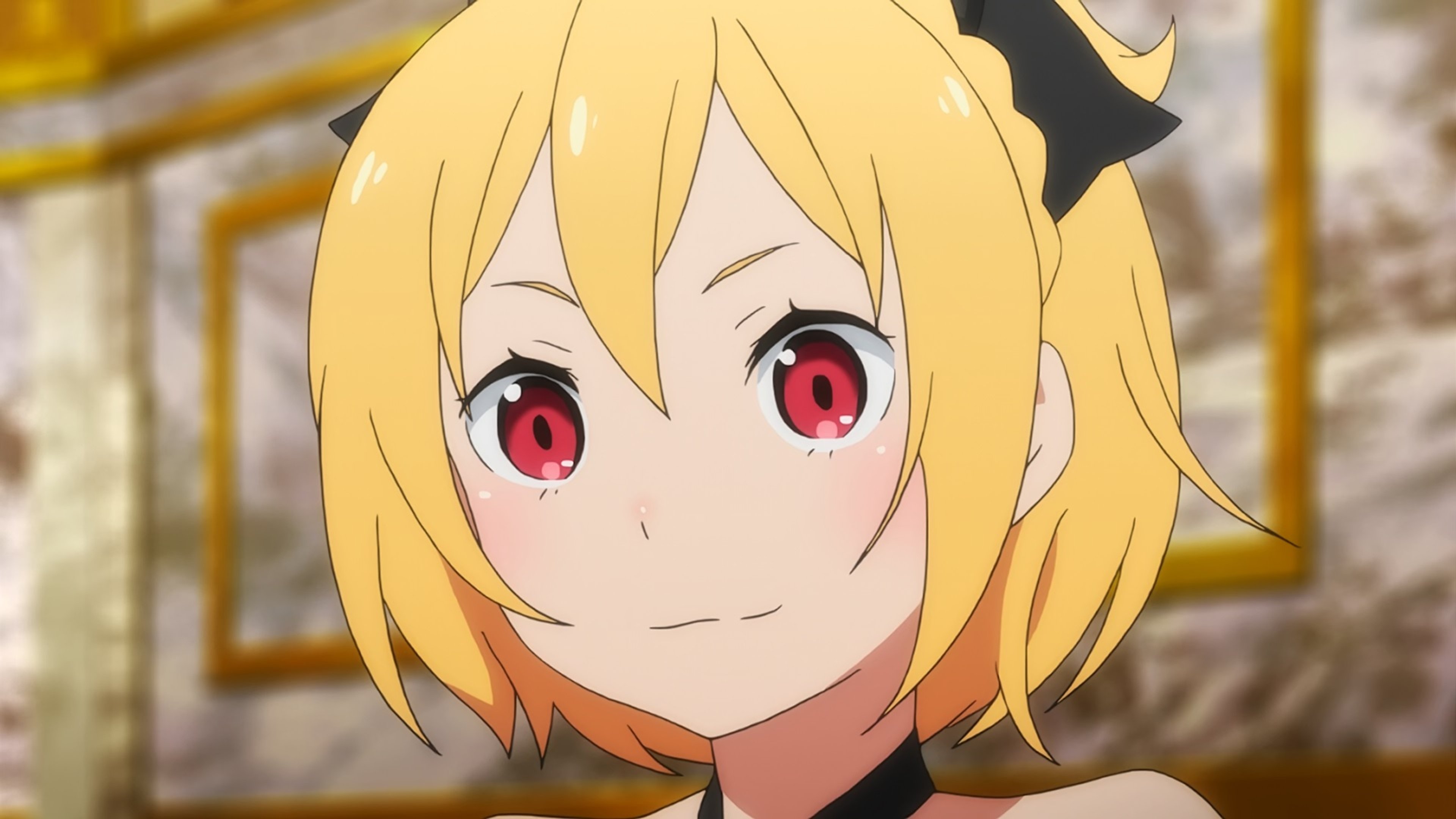 An anime-style character with golden blonde hair and red eyes, wearing a black jacket and skirt.