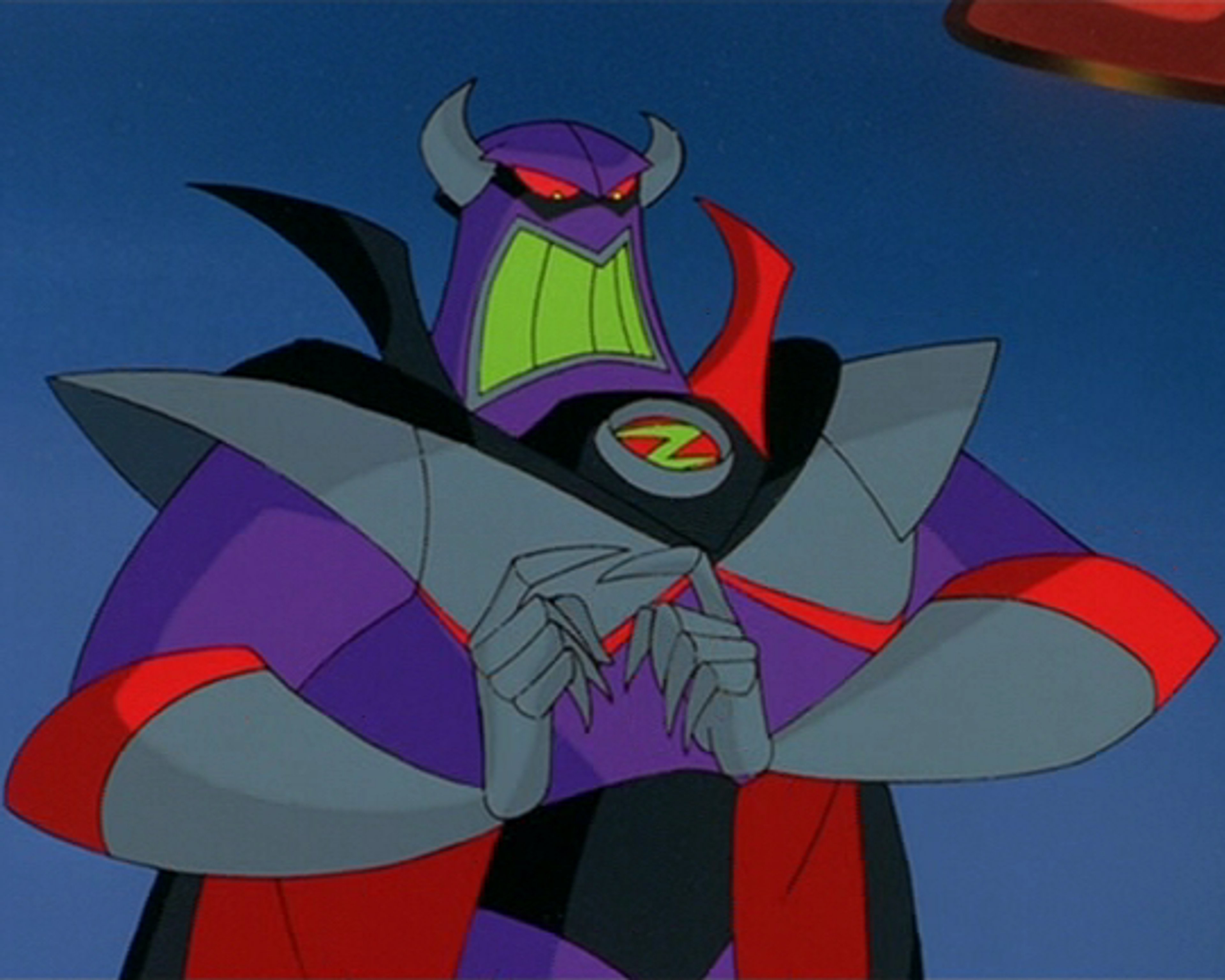 A tall, imposing villain character with a fearsome helmet and purple robes