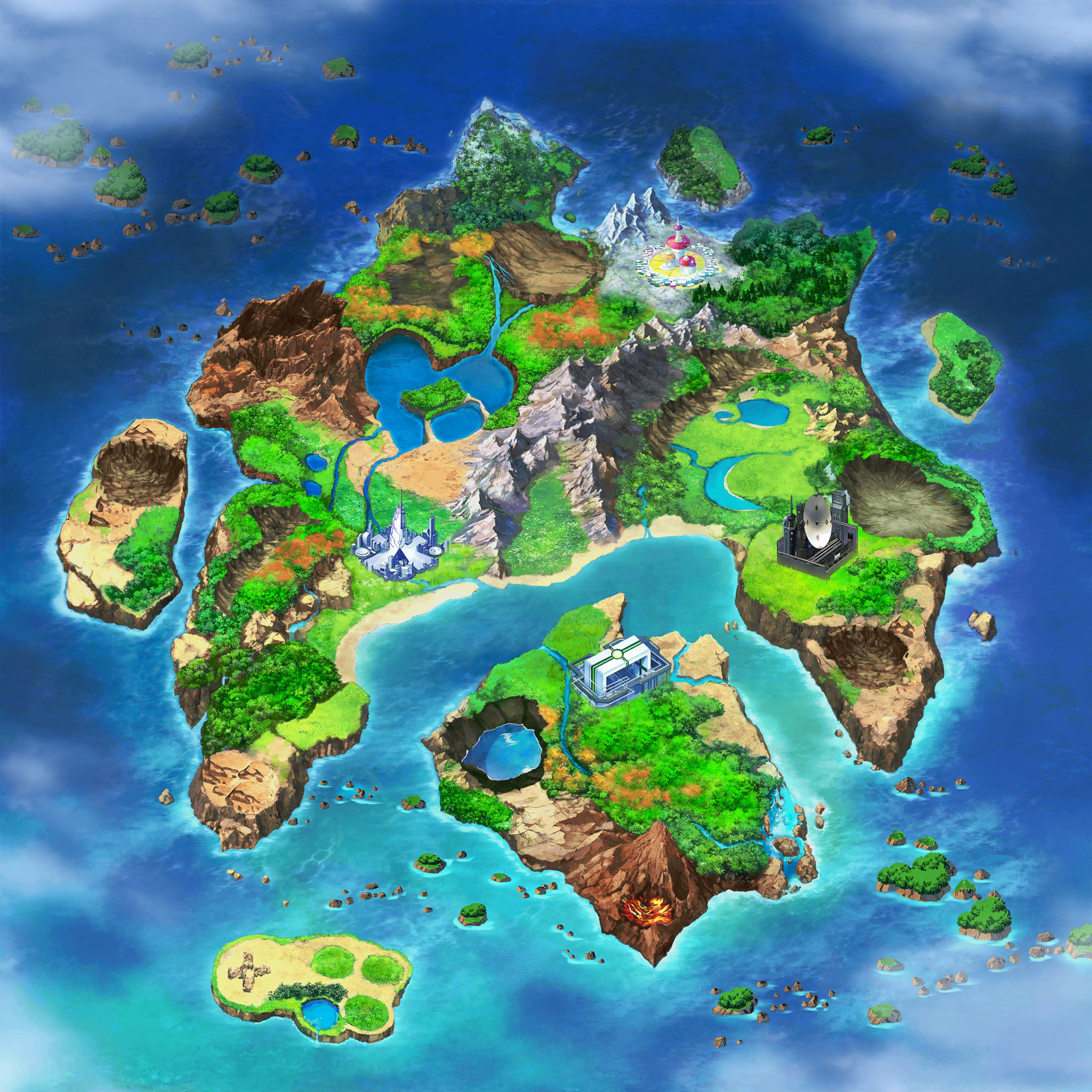 A detailed fantasy world map with diverse landscapes and environments.
