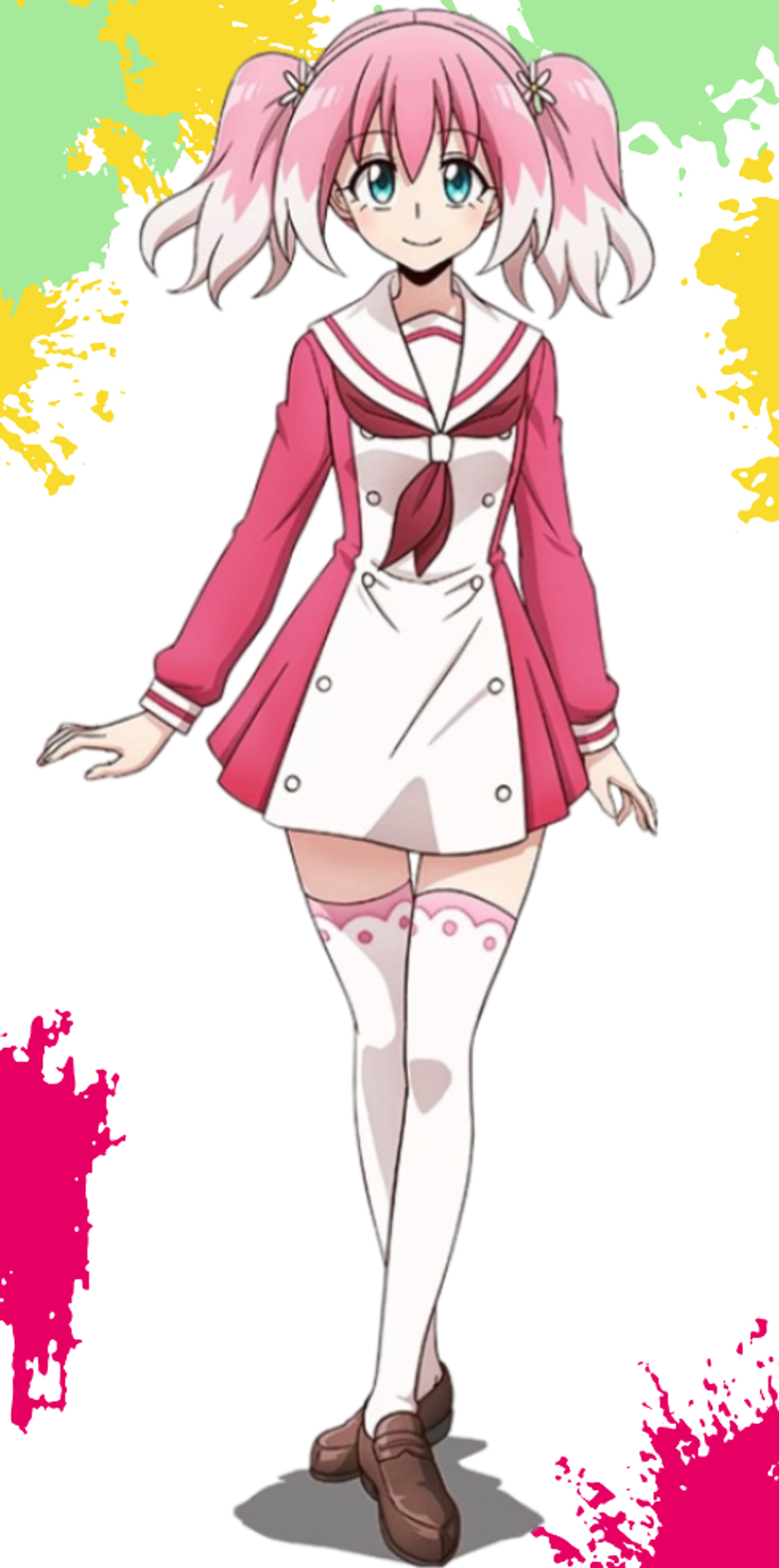 An anime-style character with pink hair in twin pigtails wearing a red and white school uniform.