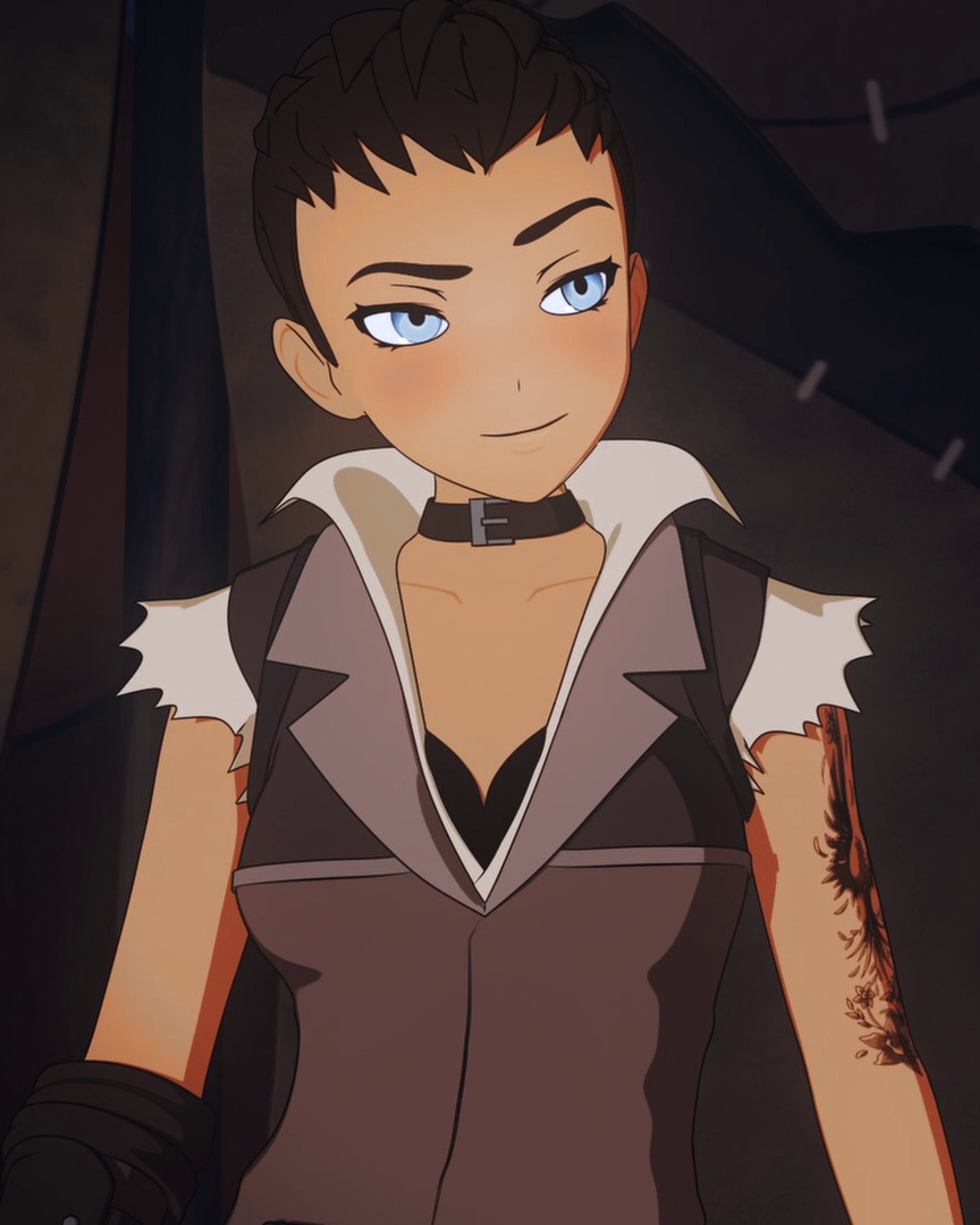 An anime-style character with spiky black hair, blue eyes, and a serious expression, wearing a brown jacket with fur trim.
