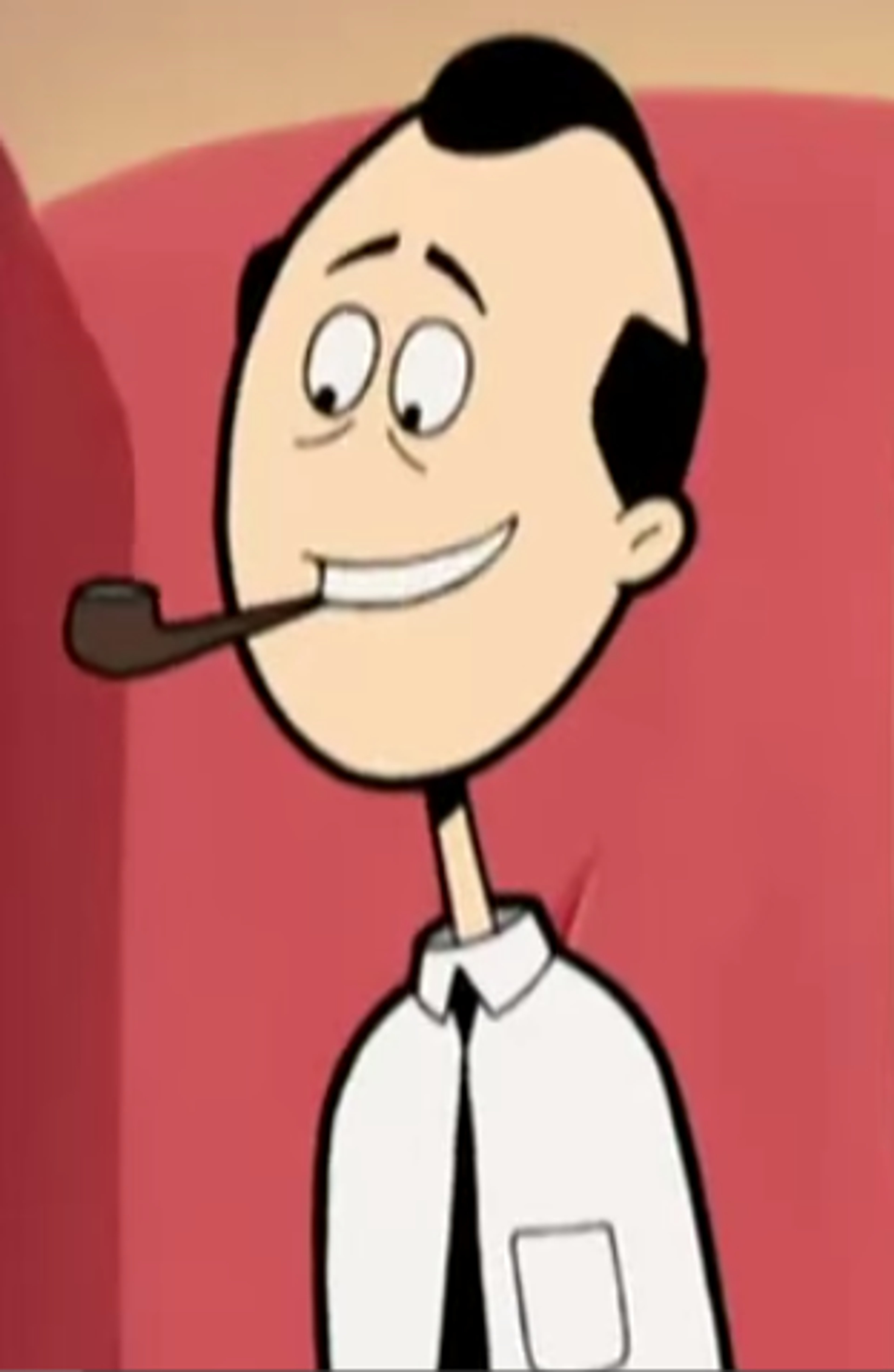 A cartoon character with a large head and wide smile, wearing a white shirt and tie.