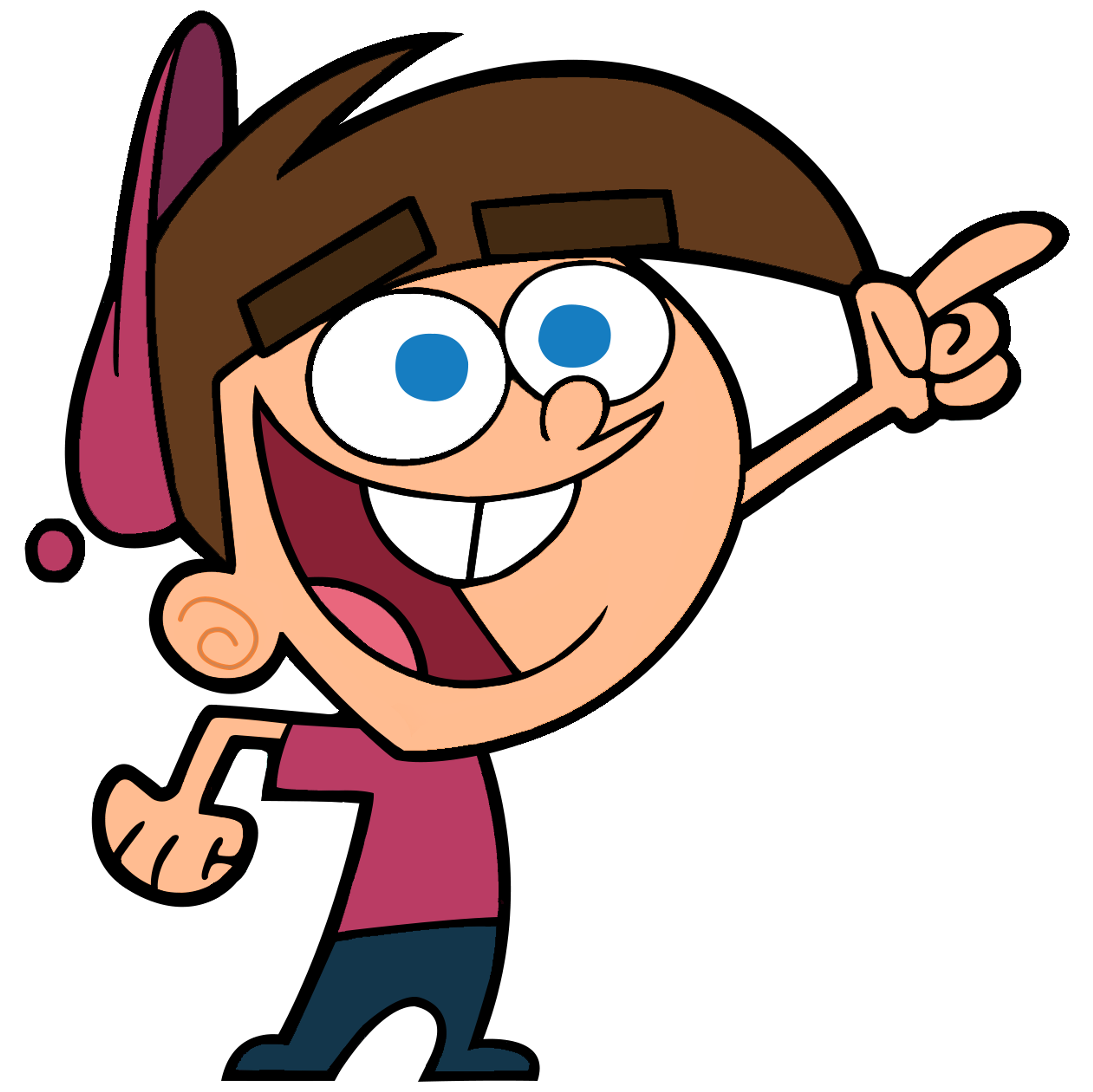A cartoon character named Timmy Turner, a 10-year-old boy with brown hair and a pink hat, smiling enthusiastically.