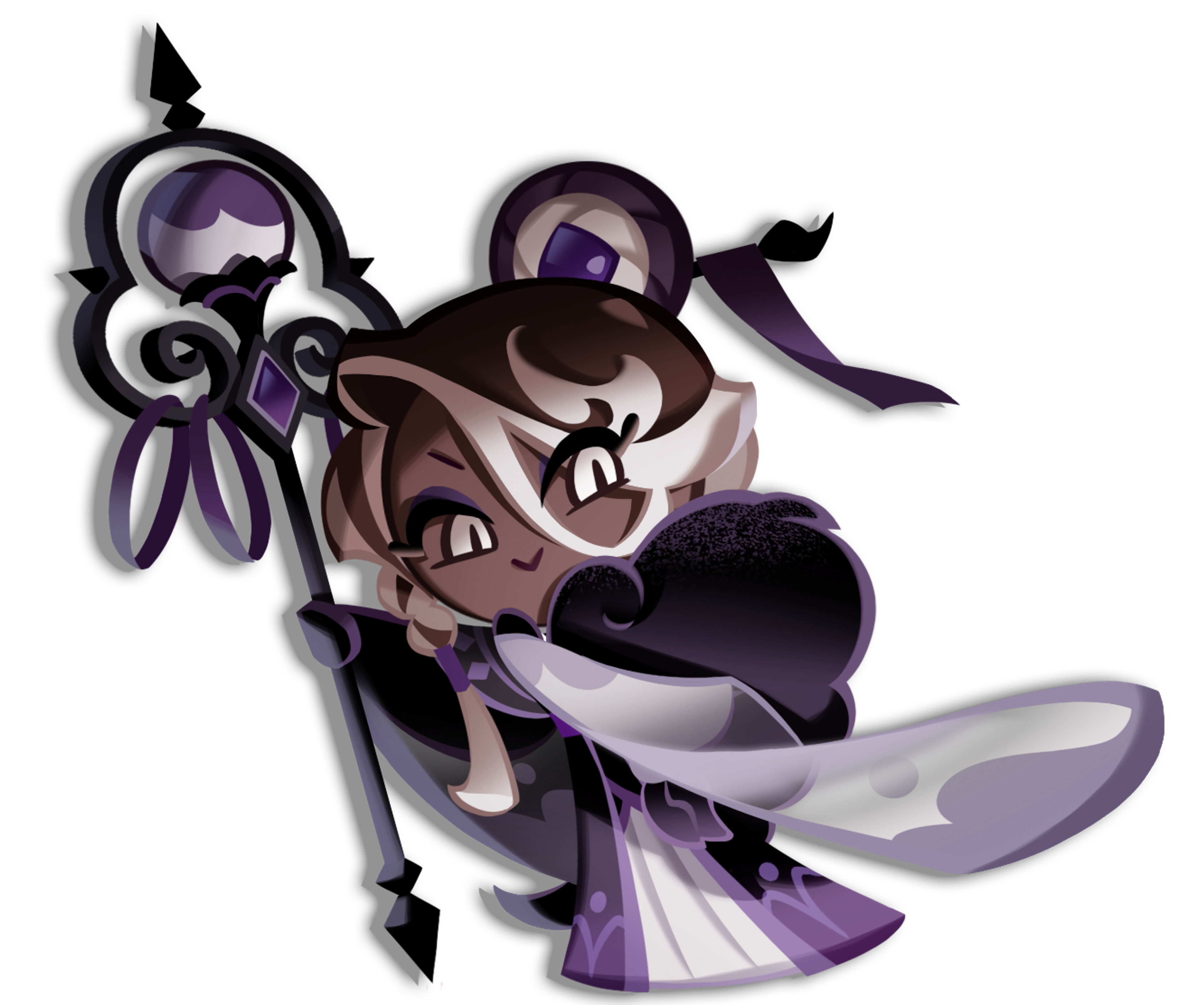 A mysterious, dark-themed cookie character with intense eyes and dramatic robes