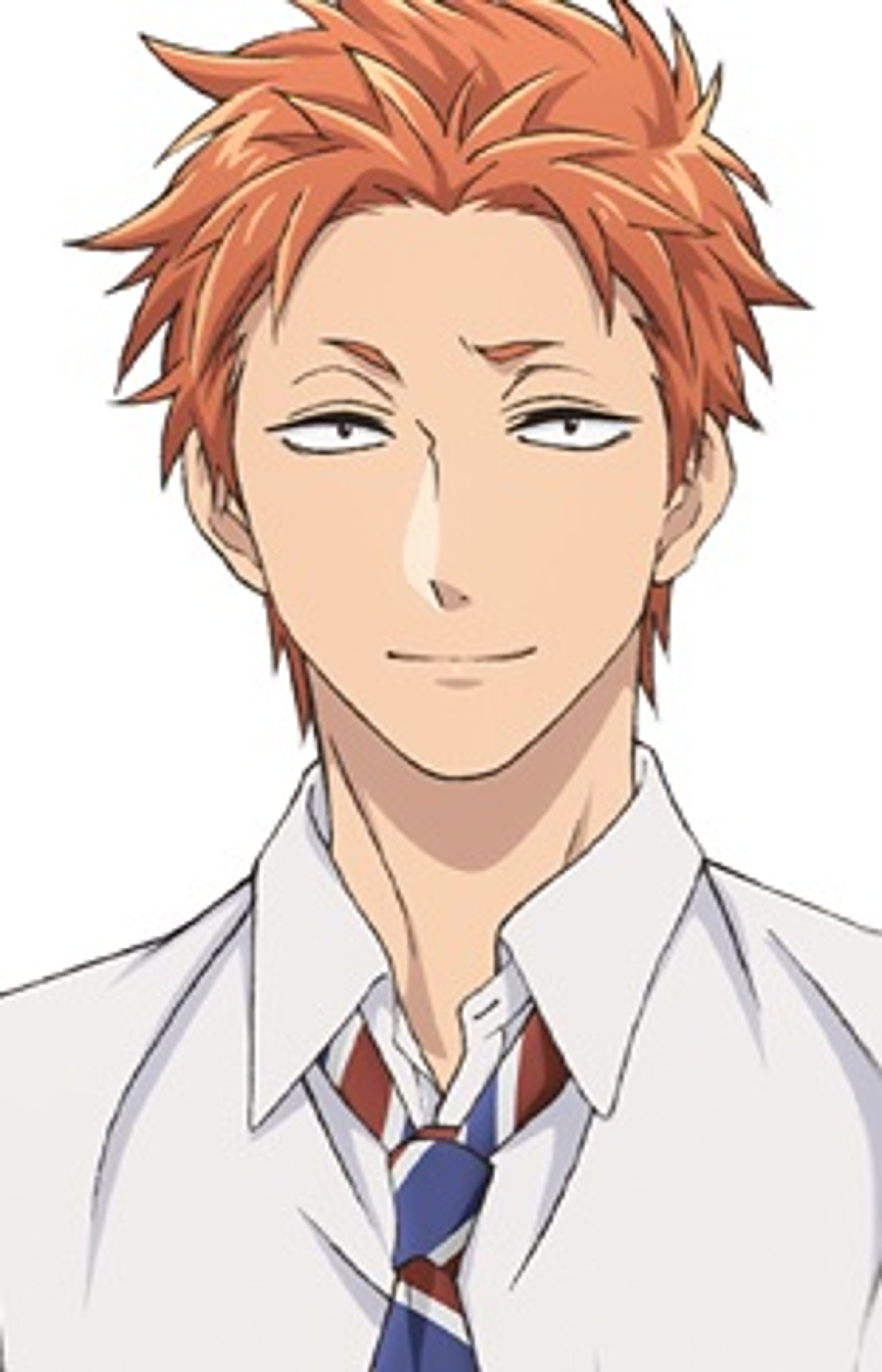 A young man with spiky orange hair and a serious expression, wearing a white dress shirt and blue tie.