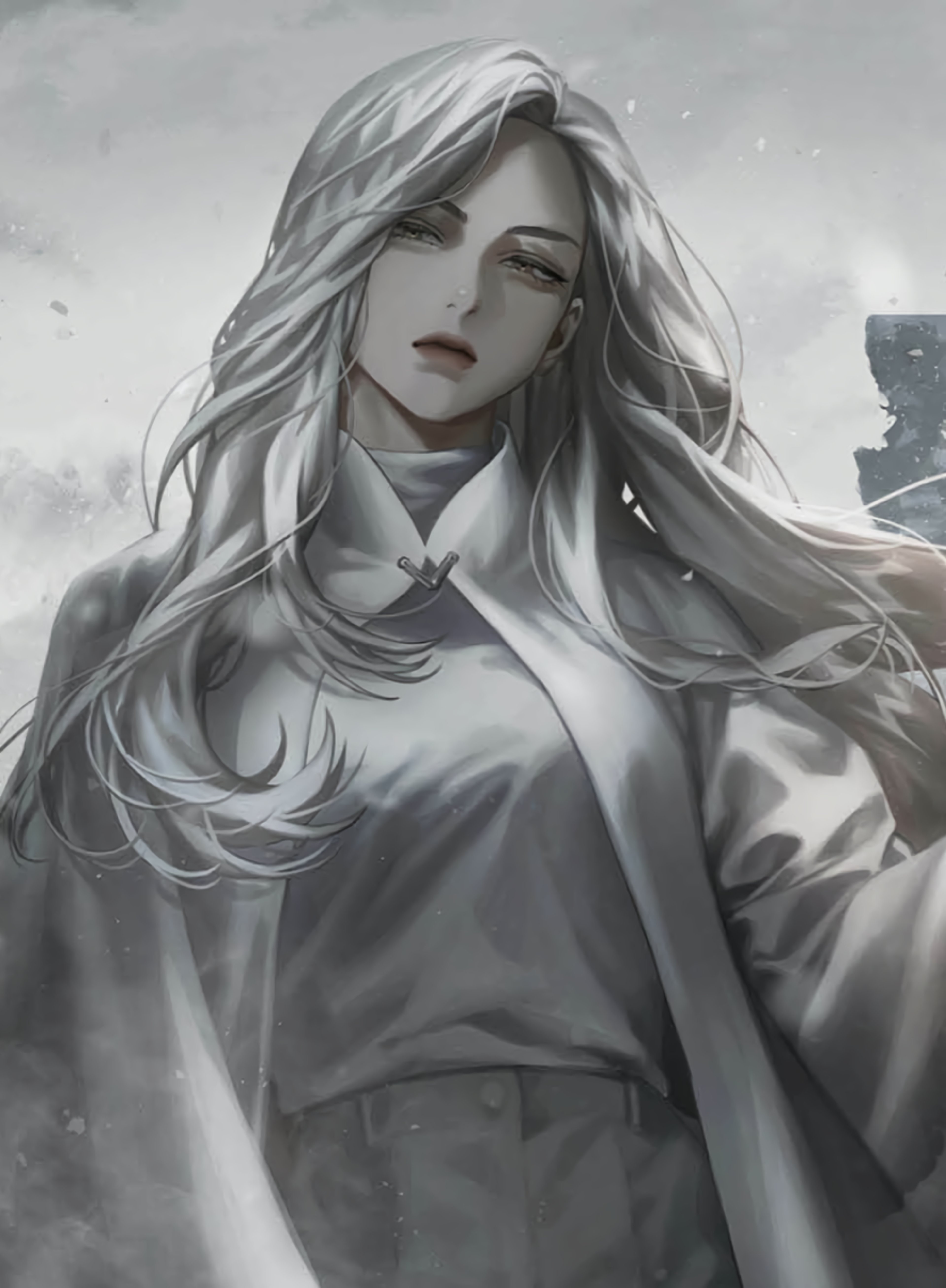 A woman with long silver hair wearing a gray cloak