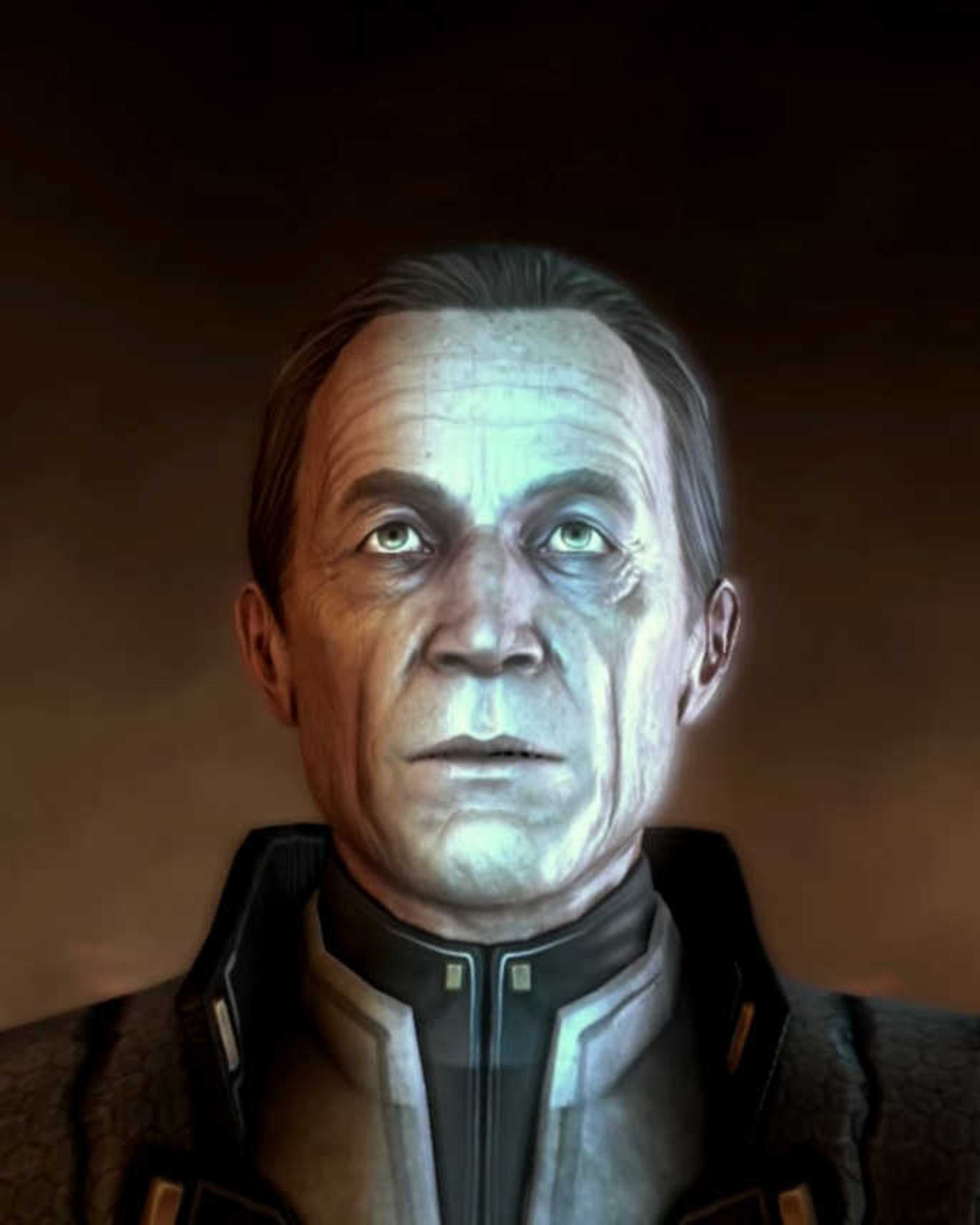 A middle-aged man in a dark suit with the Weyland-Yutani logo