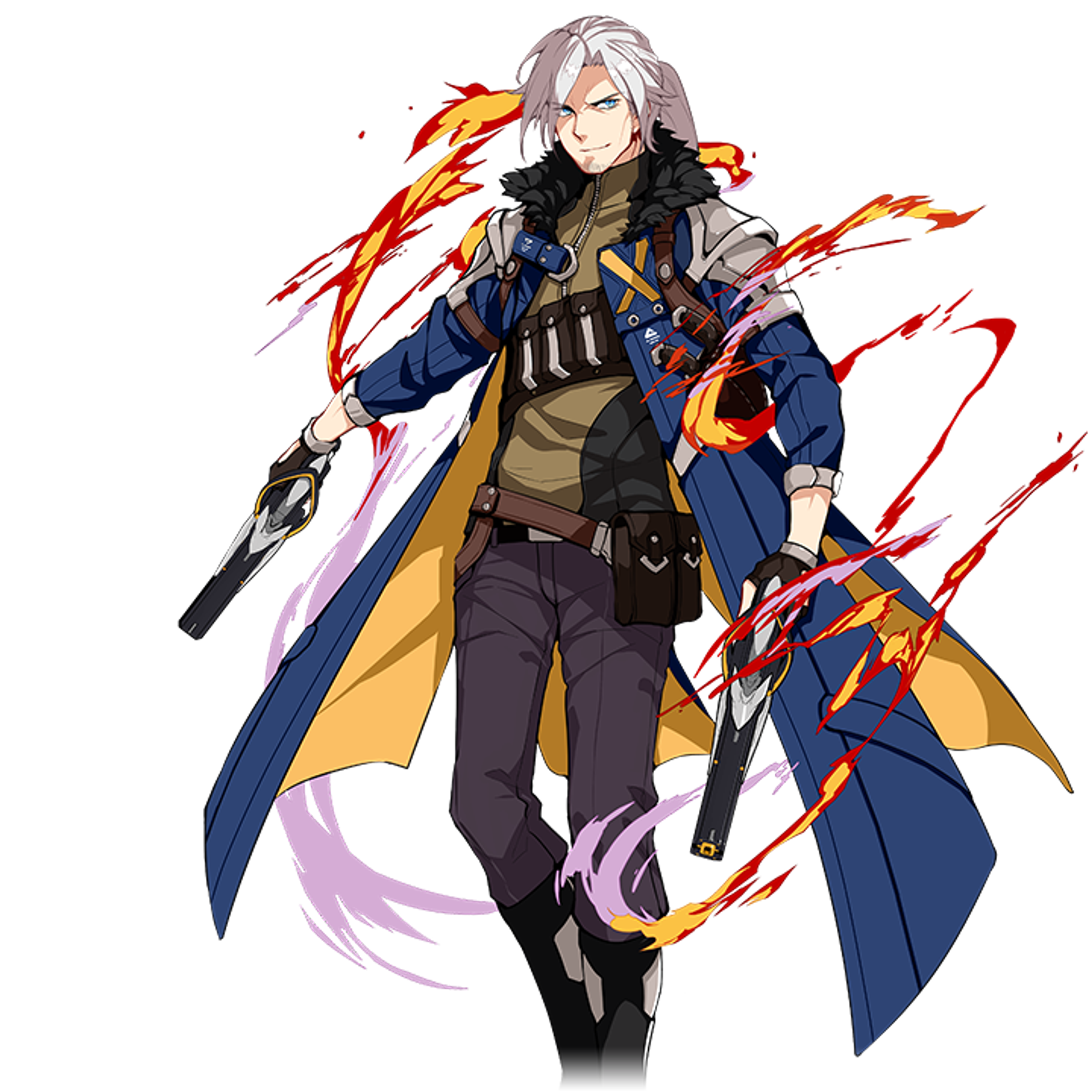 A male anime-style character with long white hair and red eyes, wearing a dark blue coat and carrying a sword on his back.