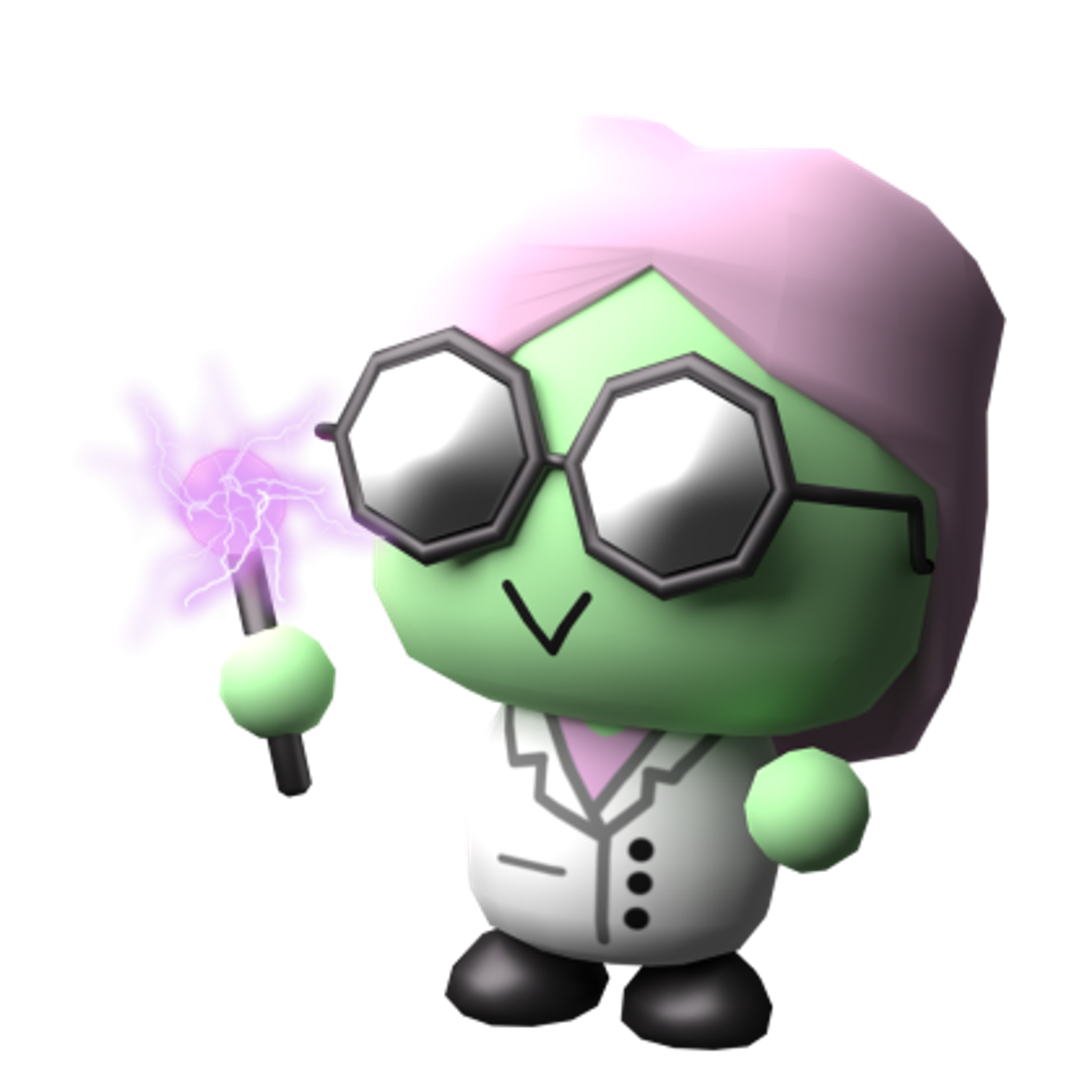 A friendly, cartoon-like scientist character with green skin, pink hair, and large glasses, holding a glowing purple scientific device.