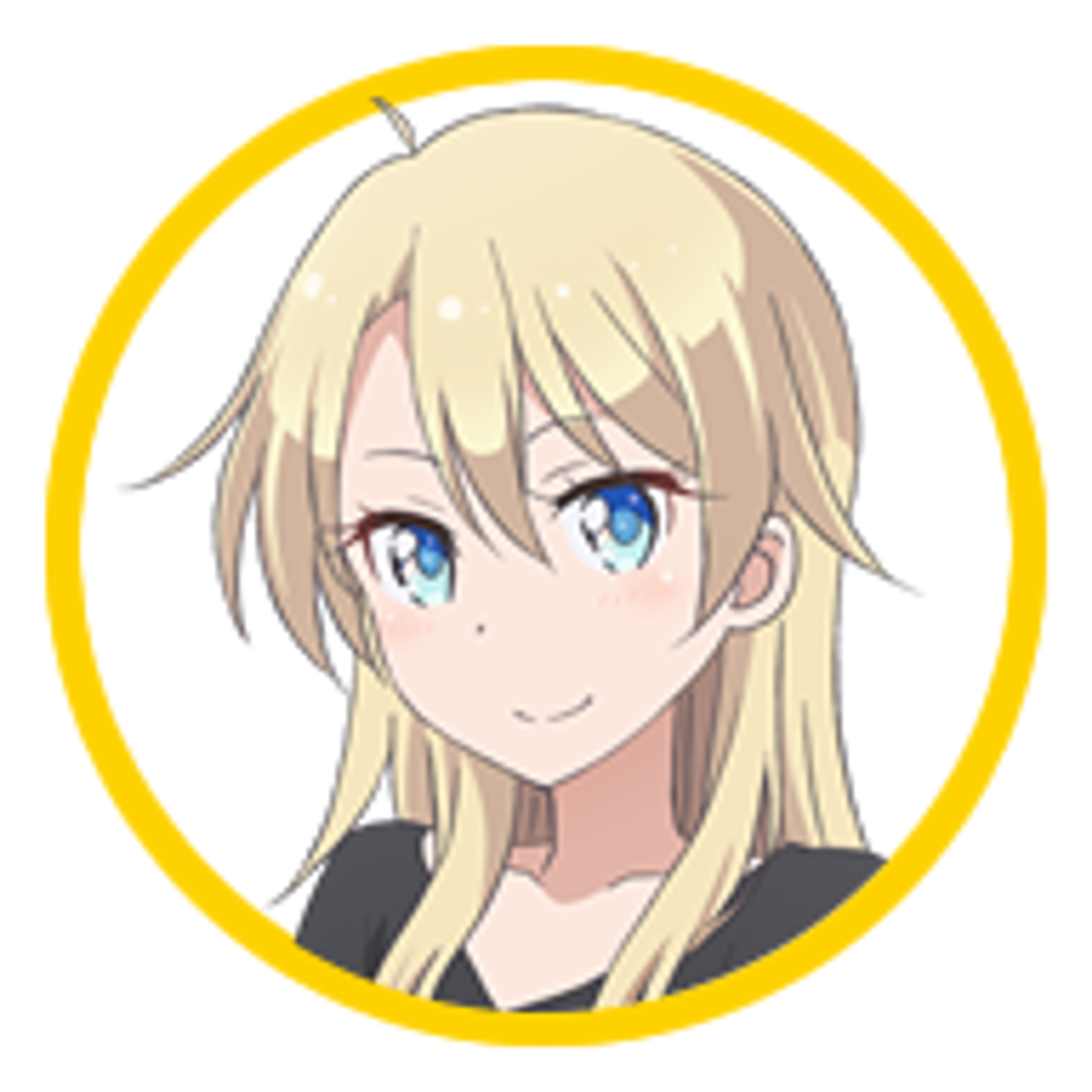 An anime-style character with blonde hair and blue eyes wearing a black outfit