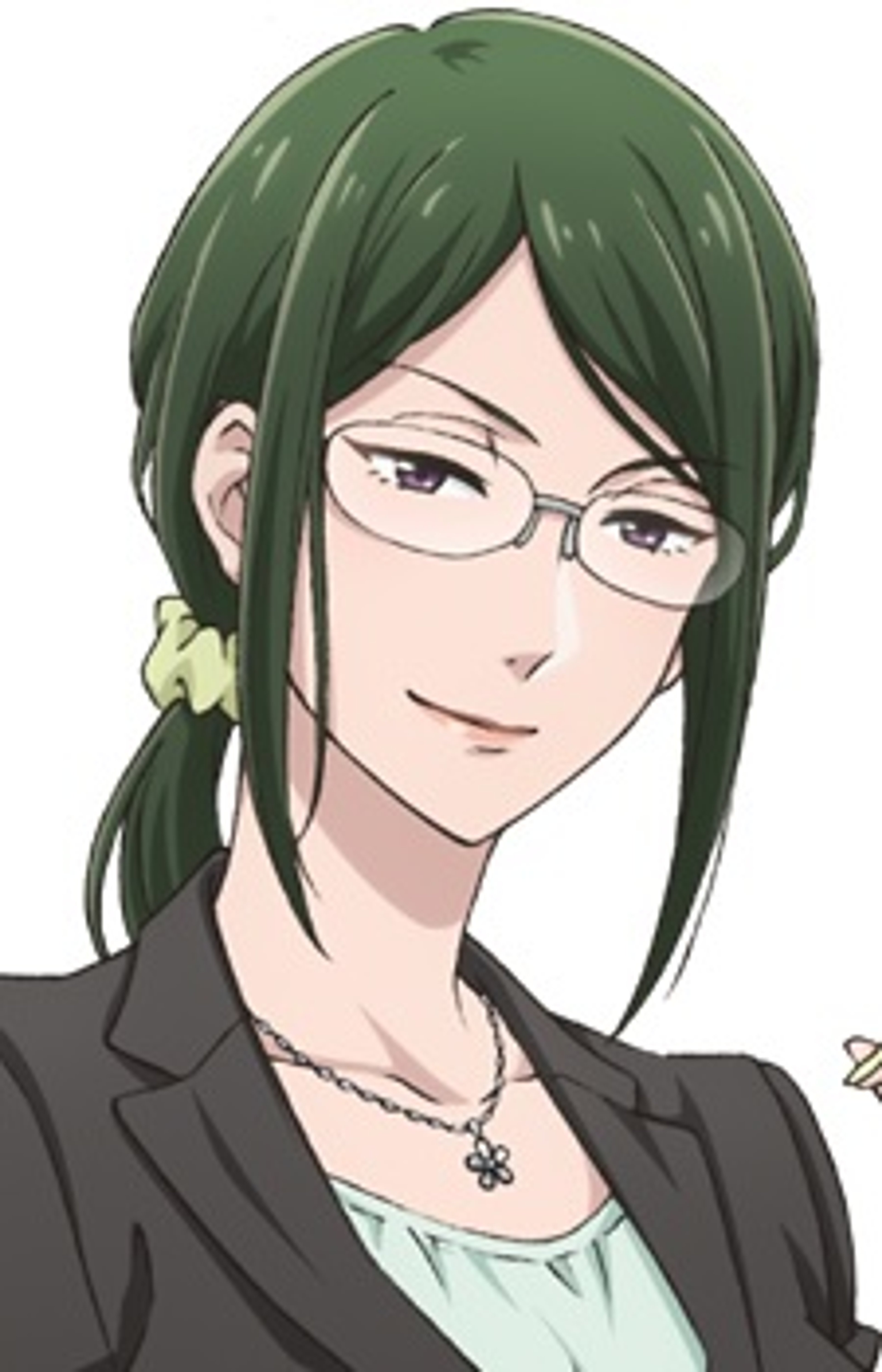 An anime-style illustration of a young woman with green hair and glasses, wearing a black suit jacket.