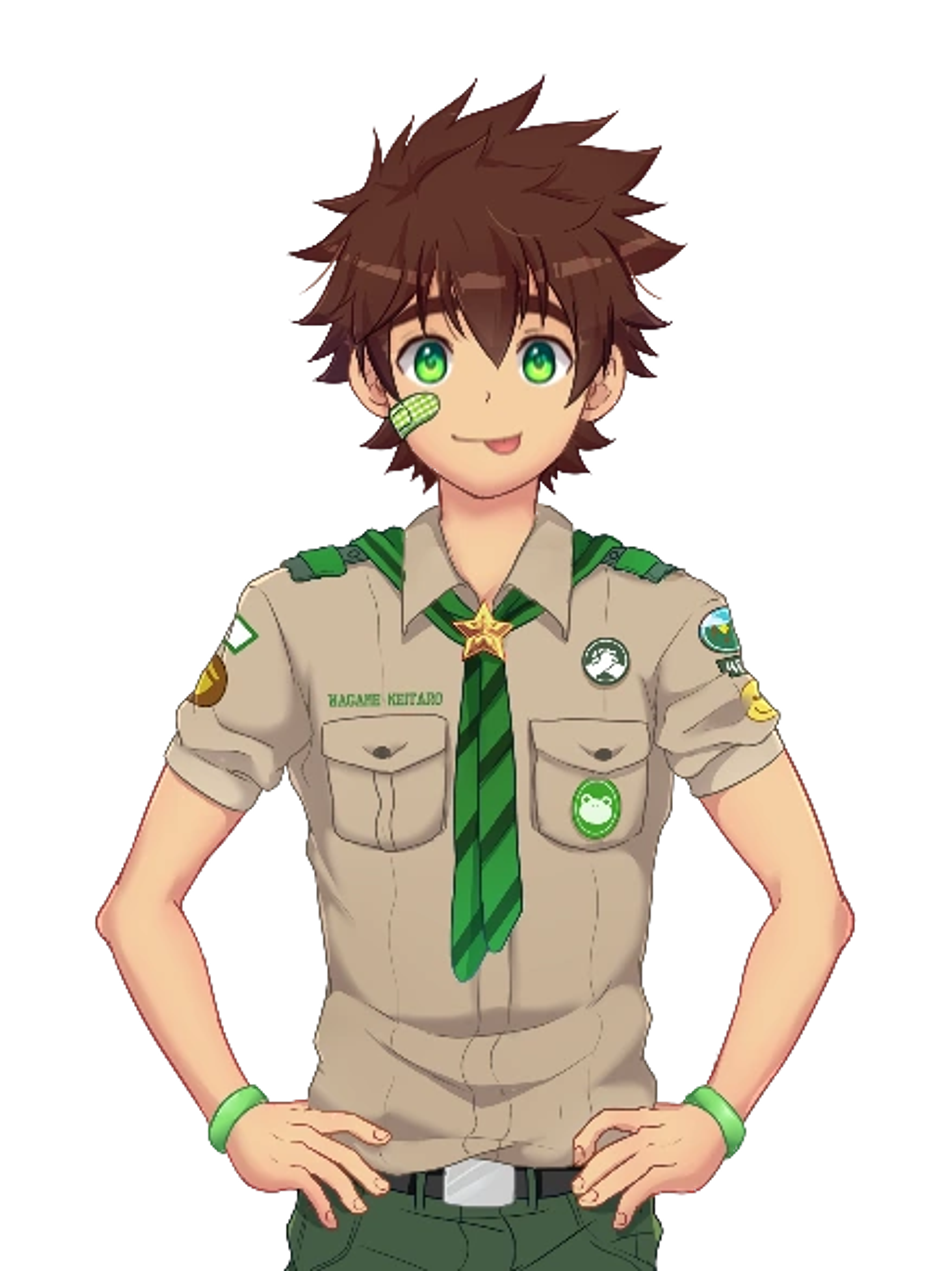 A young man in a scout uniform with messy brown hair and green eyes, standing with a cheerful expression.