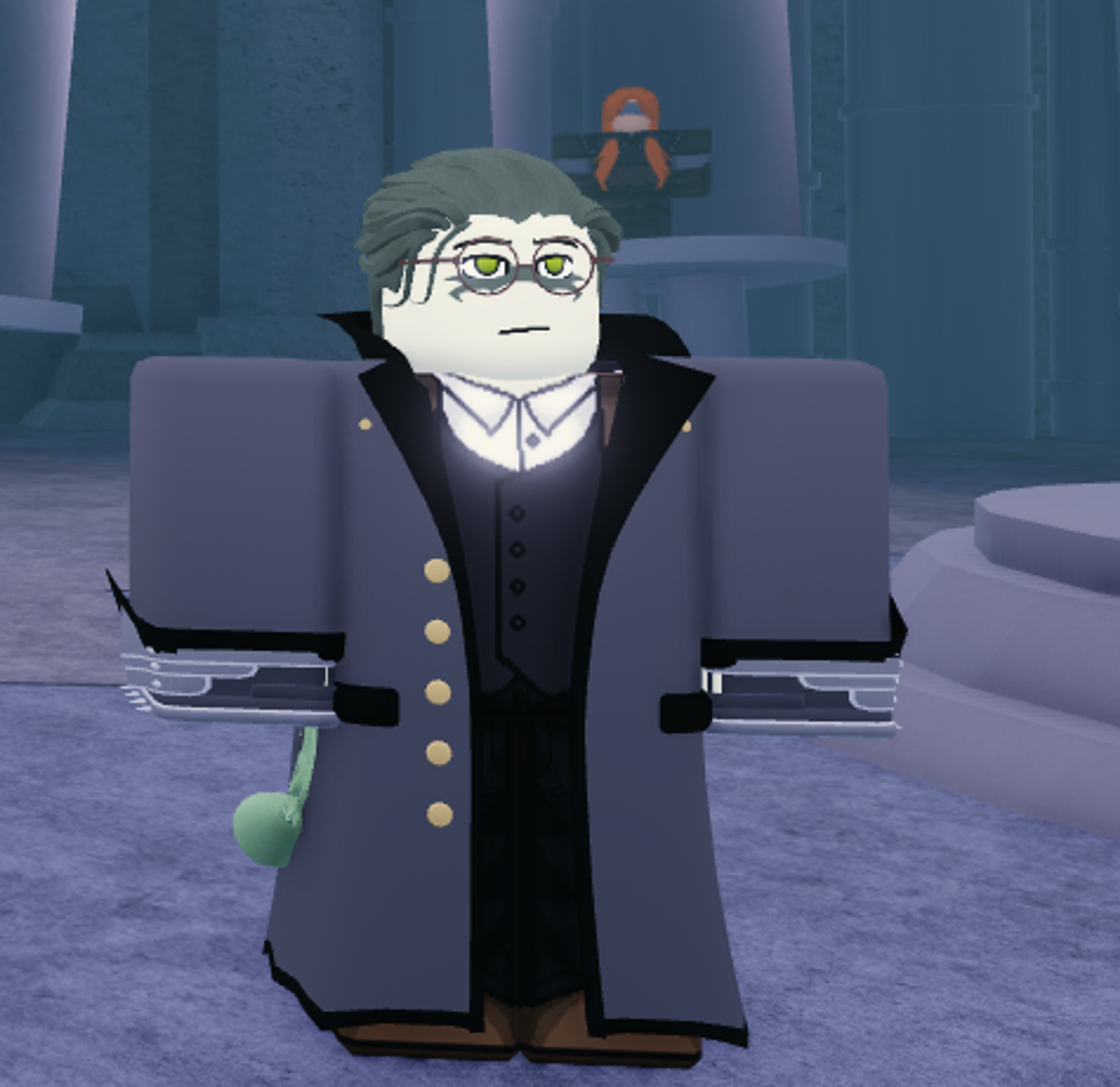 An animated character with glasses and a long black coat