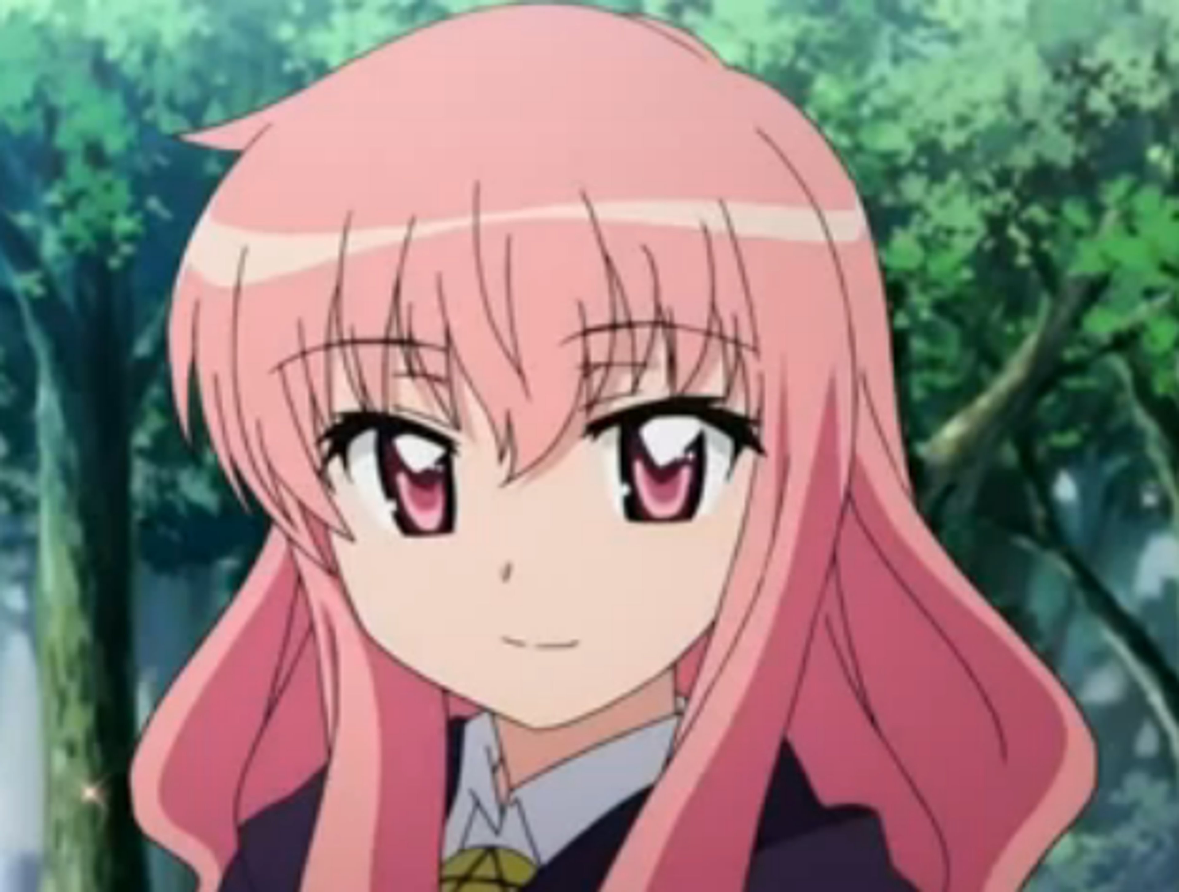 A young, pink-haired anime-style girl with a determined expression