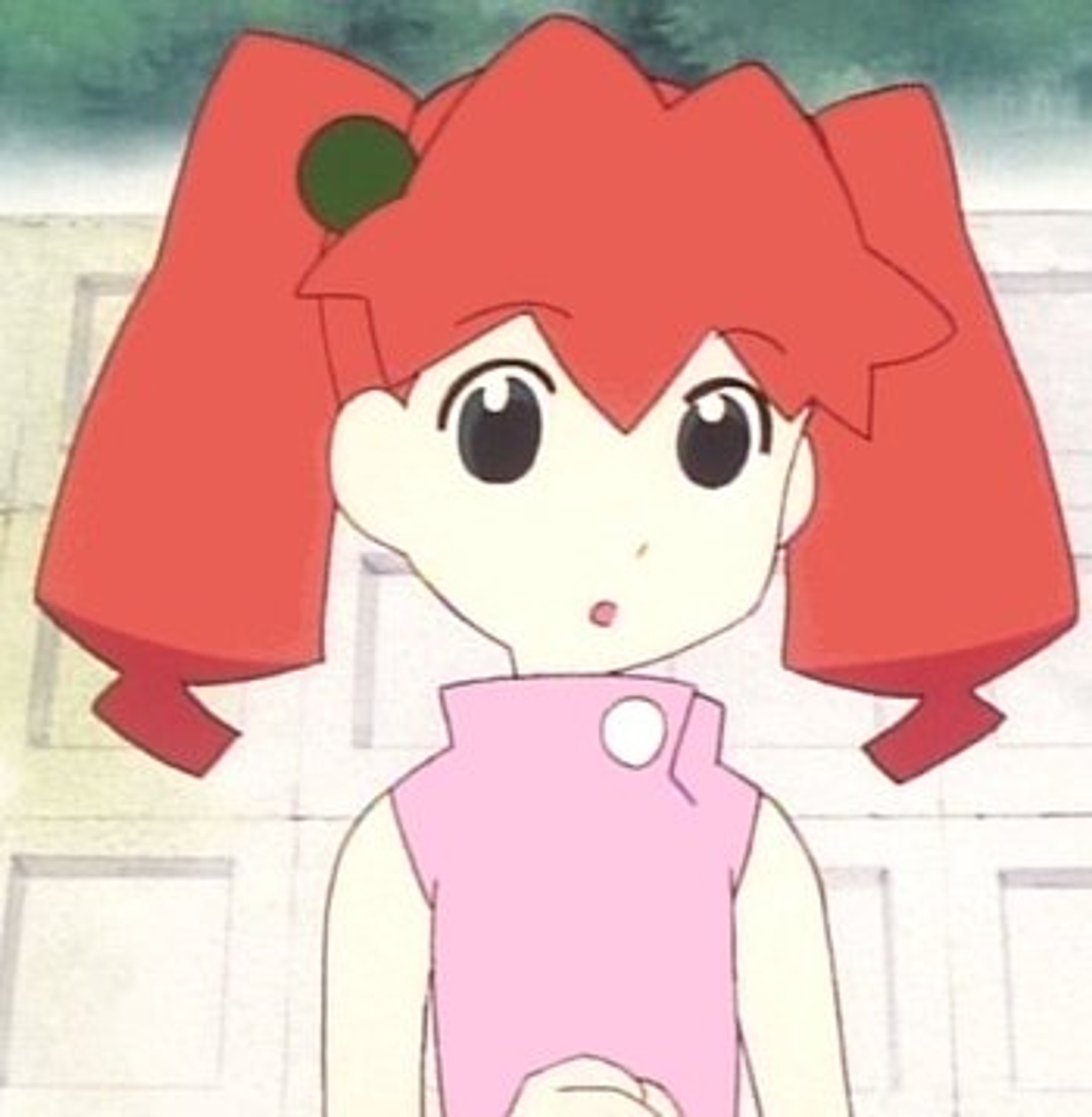 An anime-style character with red pigtails wearing a pink dress
