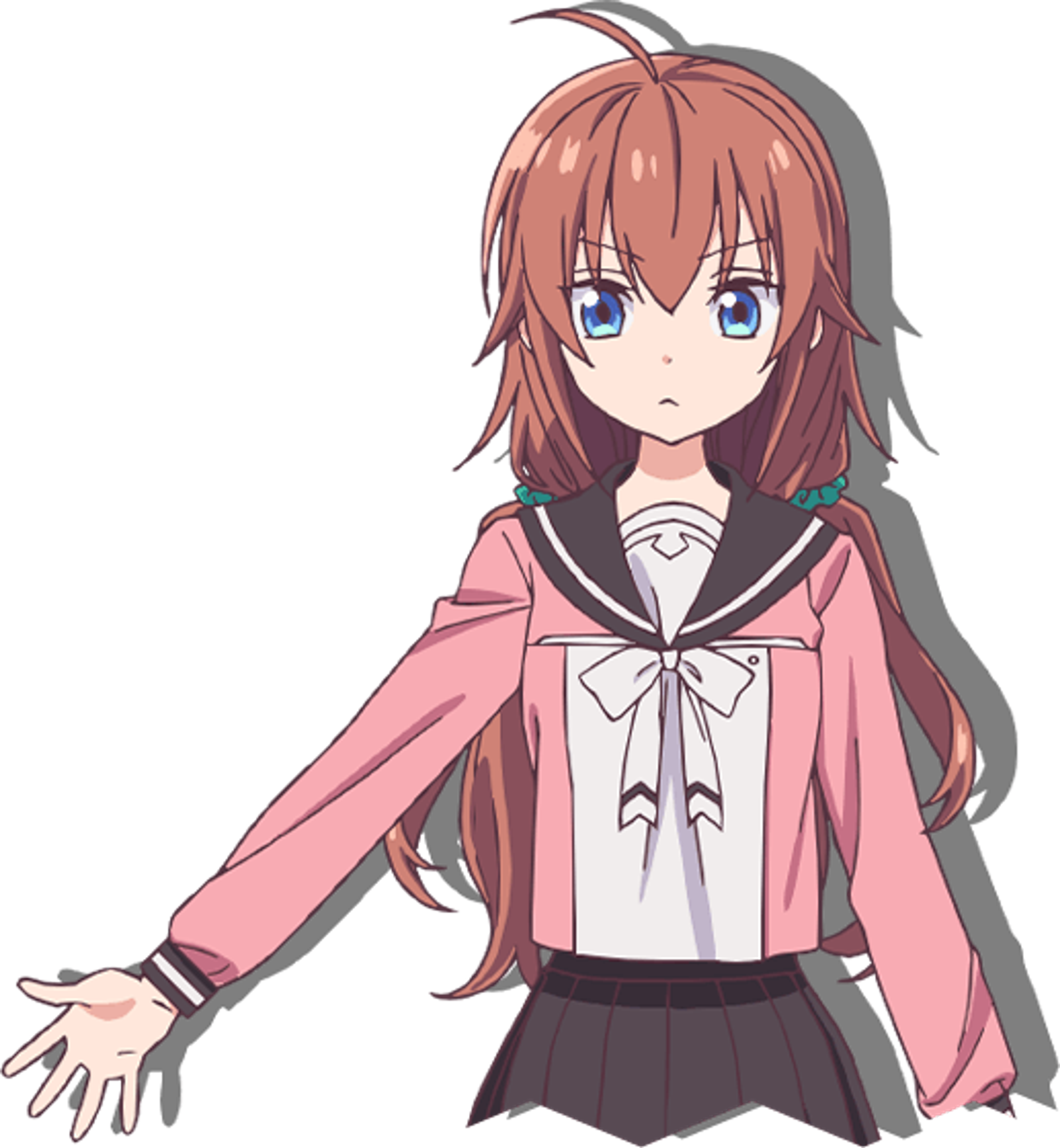 A young anime-style girl with orange-brown hair and green eyes, wearing a pink jacket.