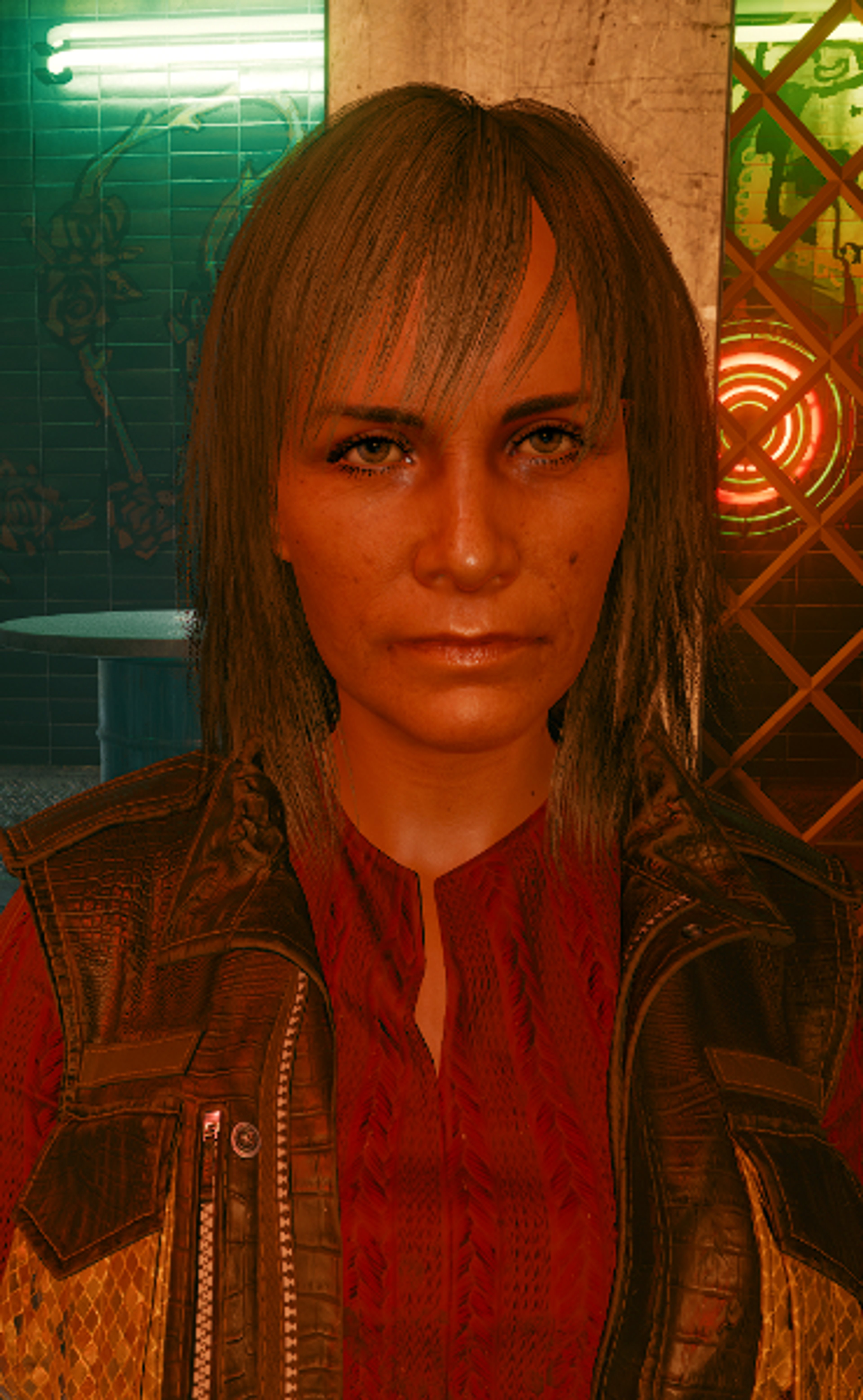 A woman with dark hair wearing a red jacket in a cyberpunk-style environment