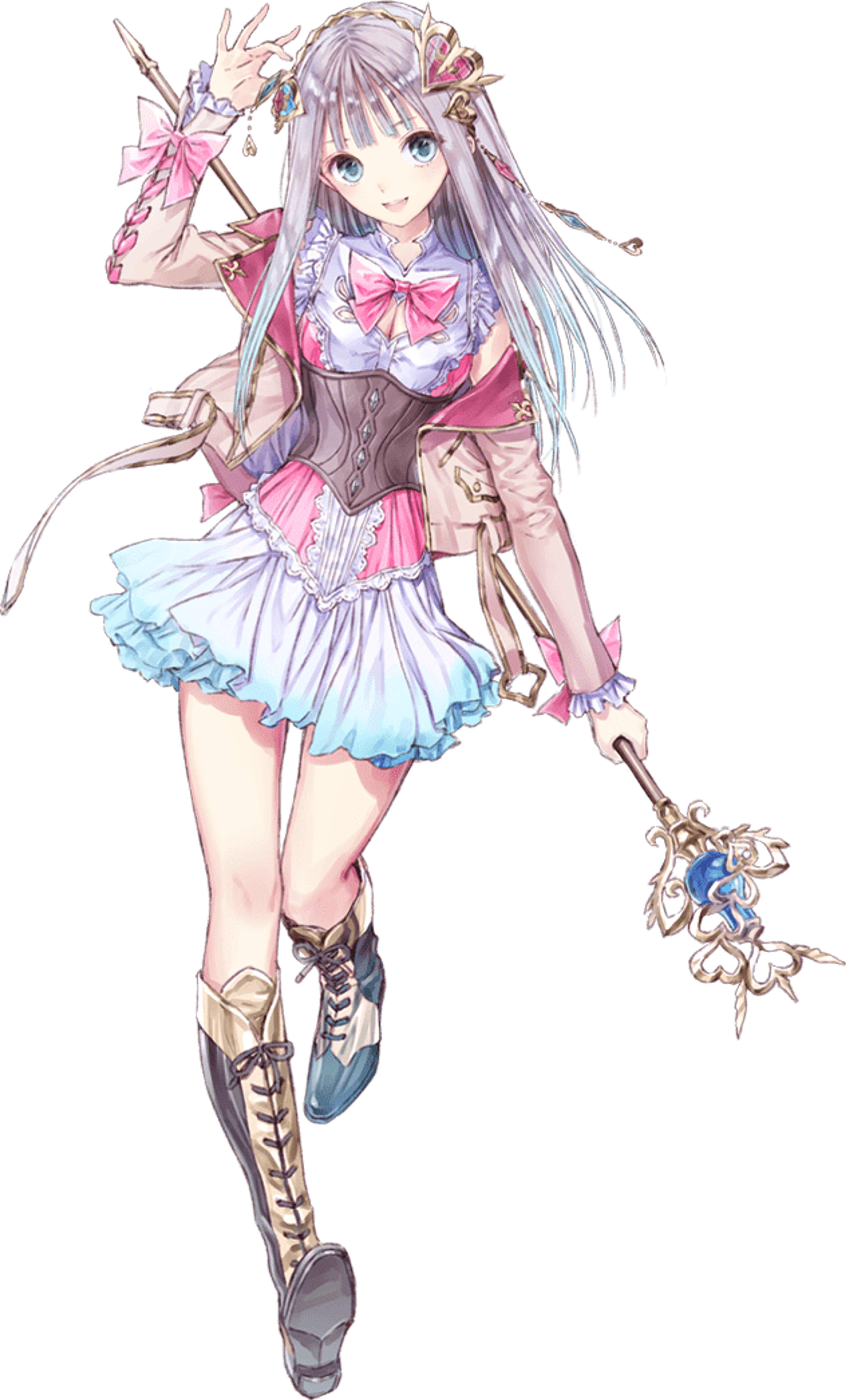 An anime-style girl with light-colored hair wearing a pink and blue outfit with a short skirt, thigh-high stockings, and boots.