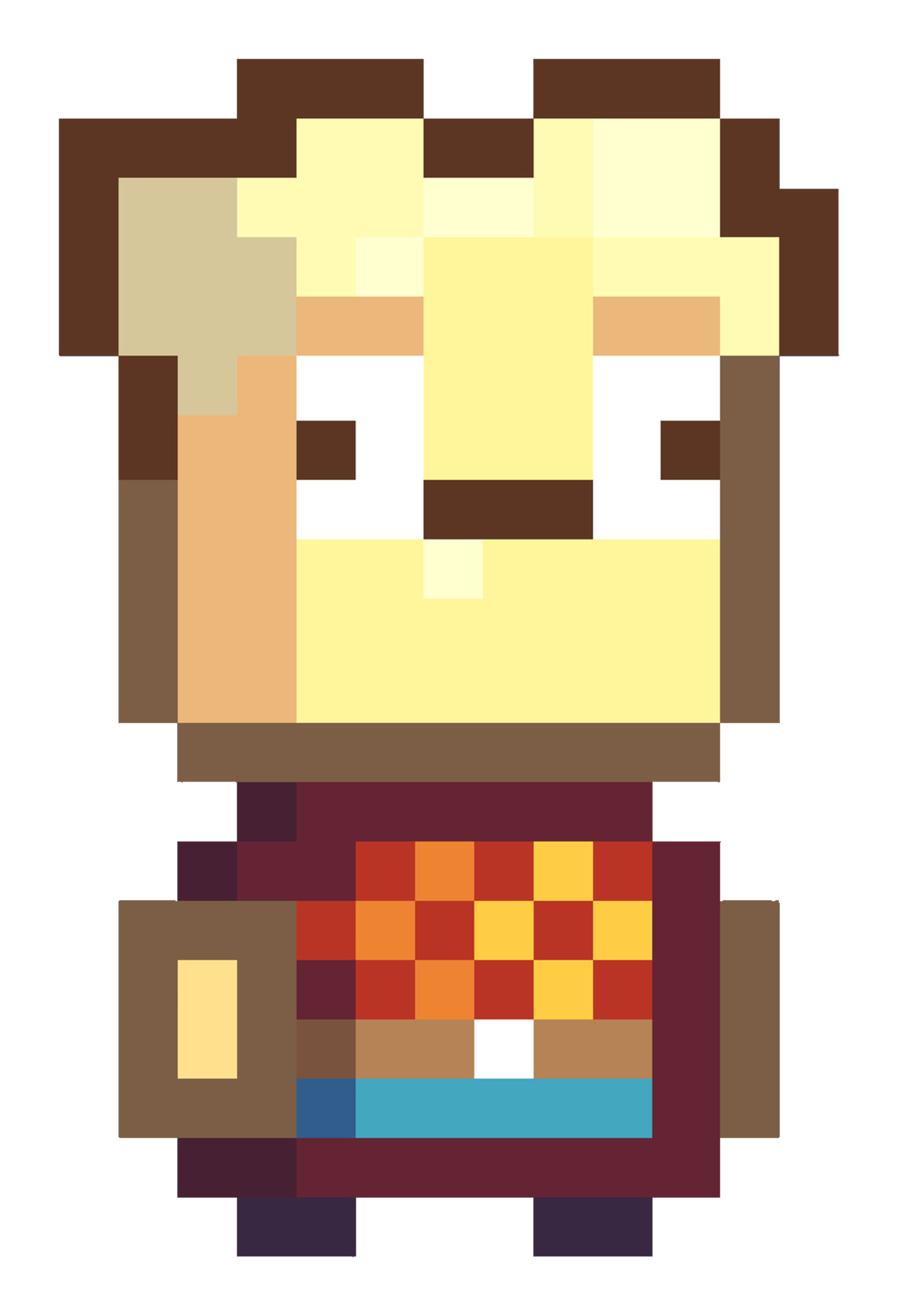 A pixelated cartoon character with a round face and blonde bowl-cut hair, wearing a red and blue checkered shirt.