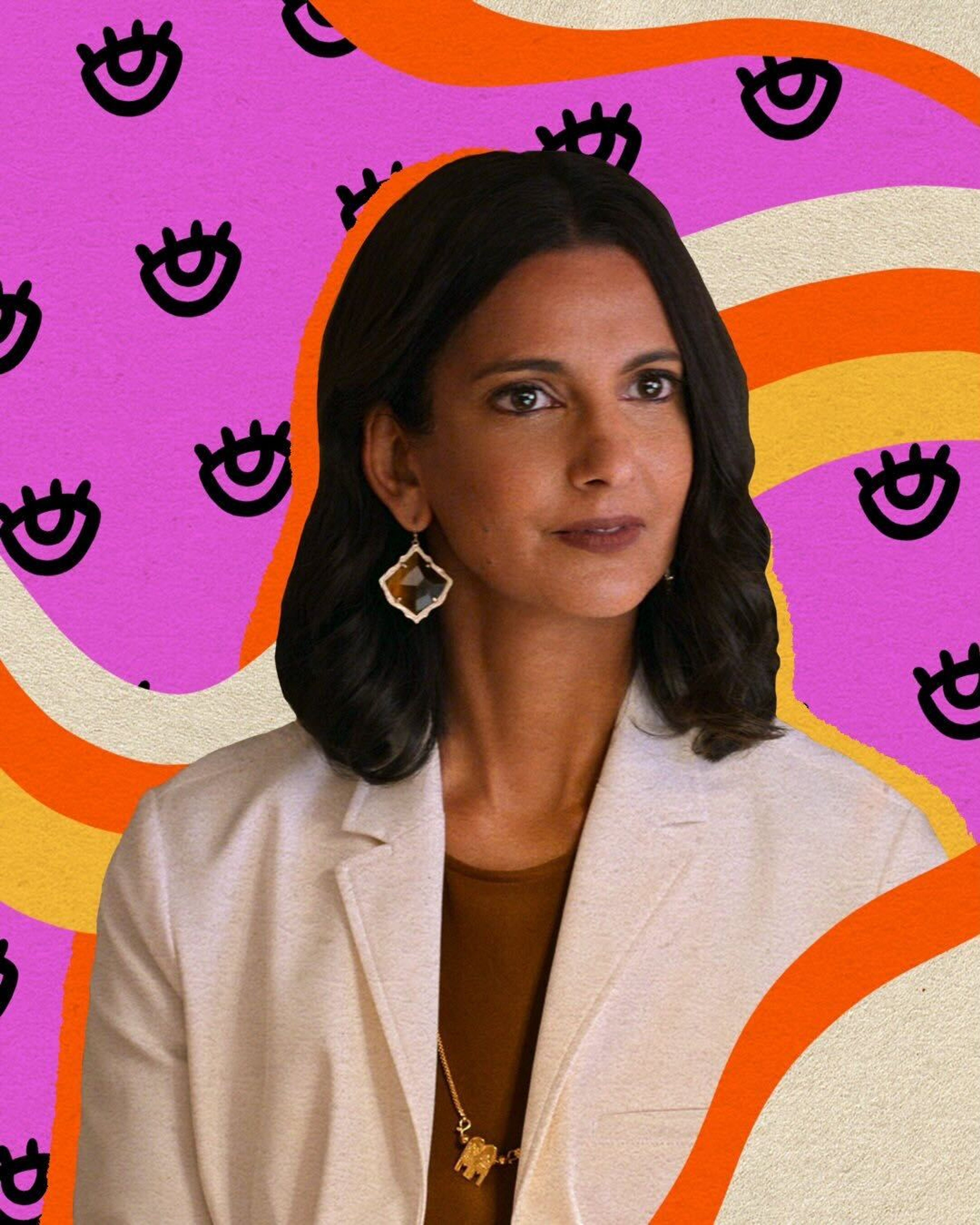 A woman with dark hair wearing a white blazer against a colorful abstract background