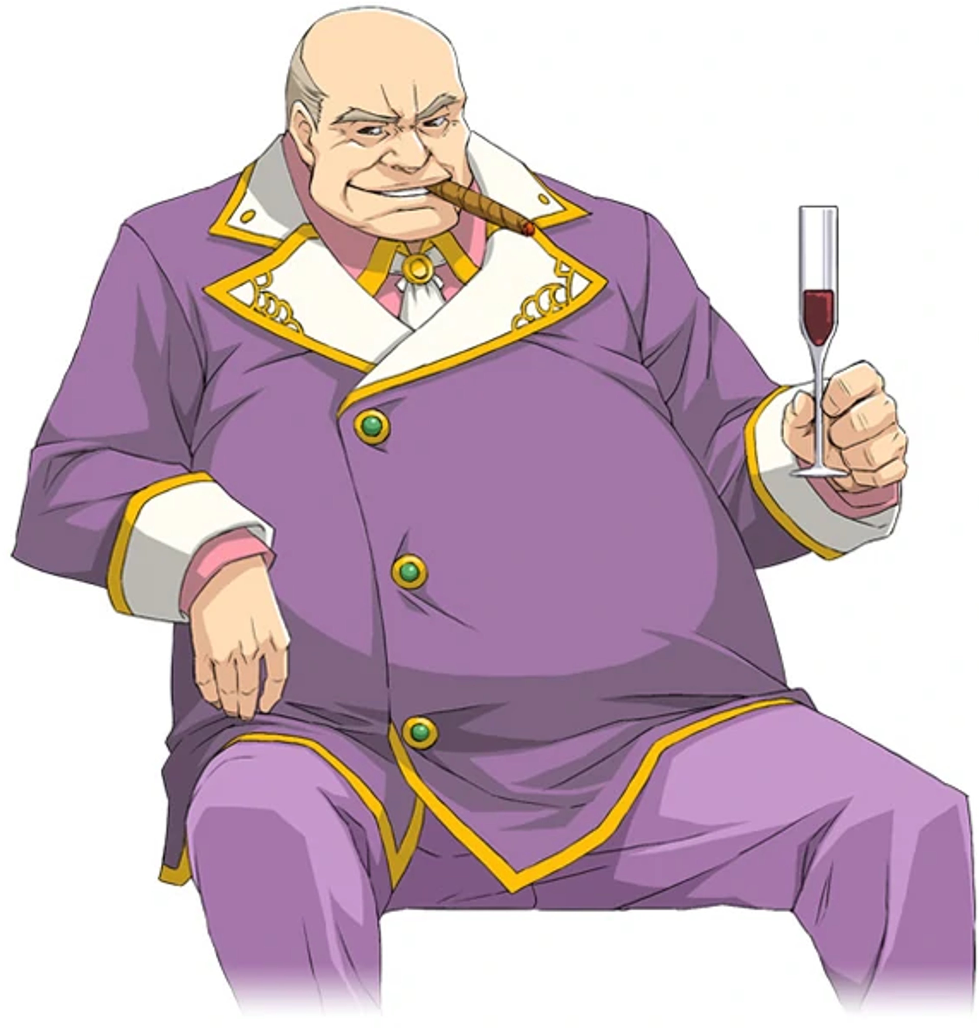 An older, portly man in a purple suit holding a glass of wine