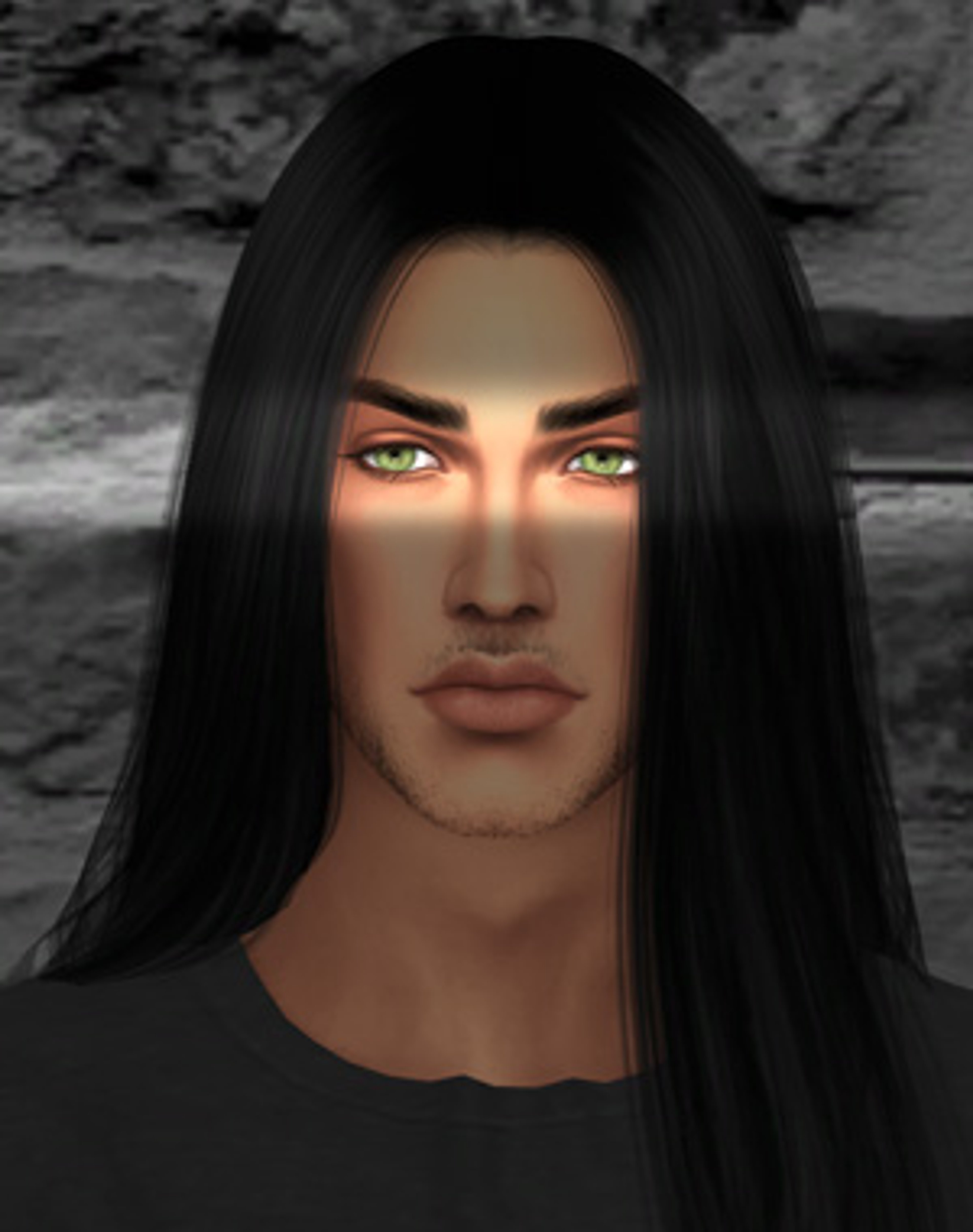 A male character with long dark hair and green eyes, wearing a black shirt and looking serious.