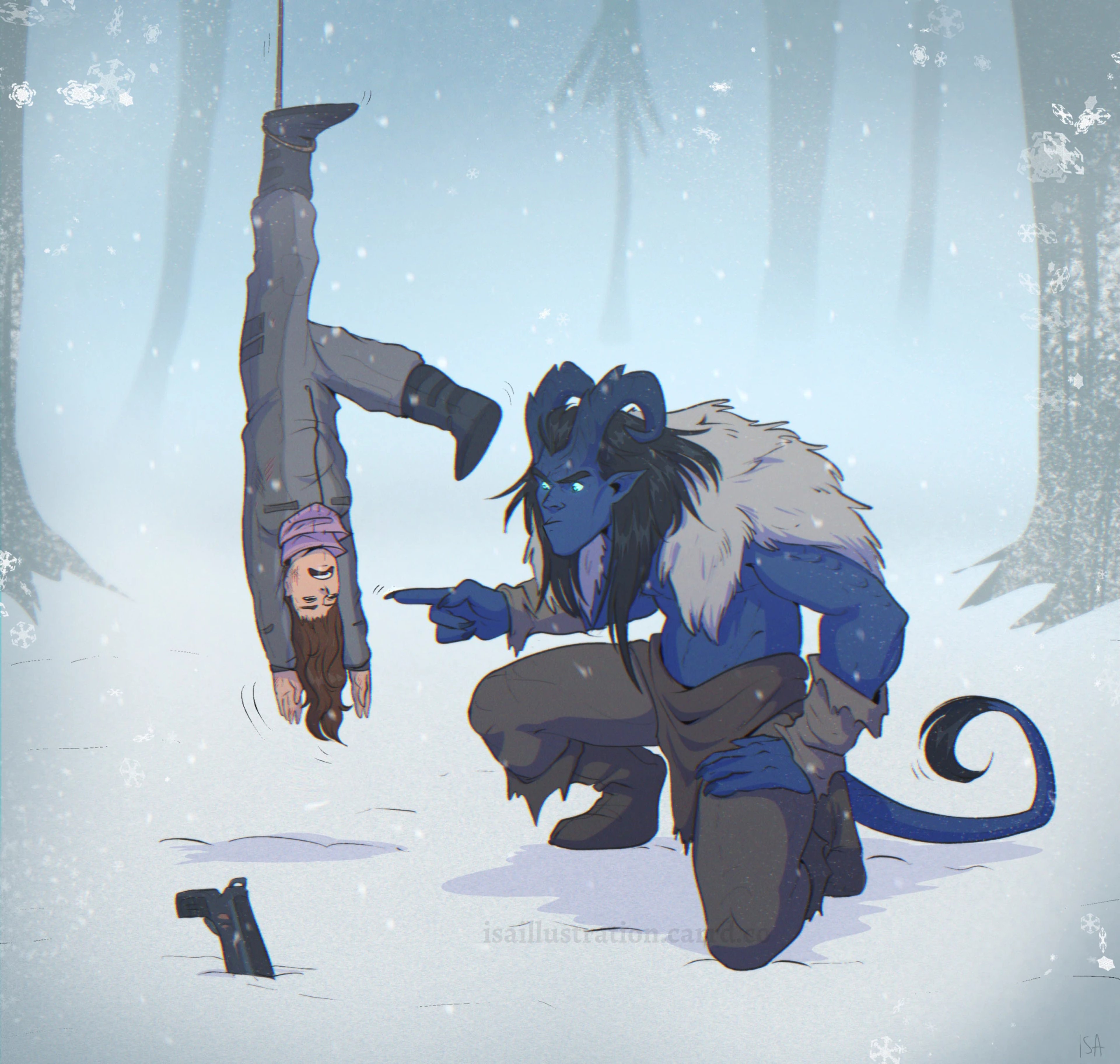 Blue-skinned alien chief with ram horns on an ice planet